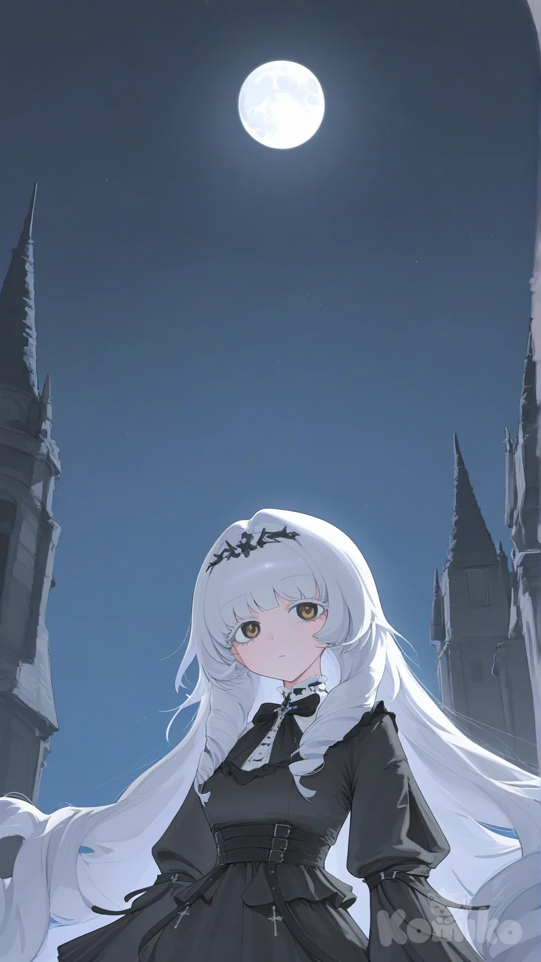 Dark castle, standing,1 girl, moon night, night, dark fantasy, princess,white hair, lonely, closer view,black Gothic lolita, [vibrant-anime-style]