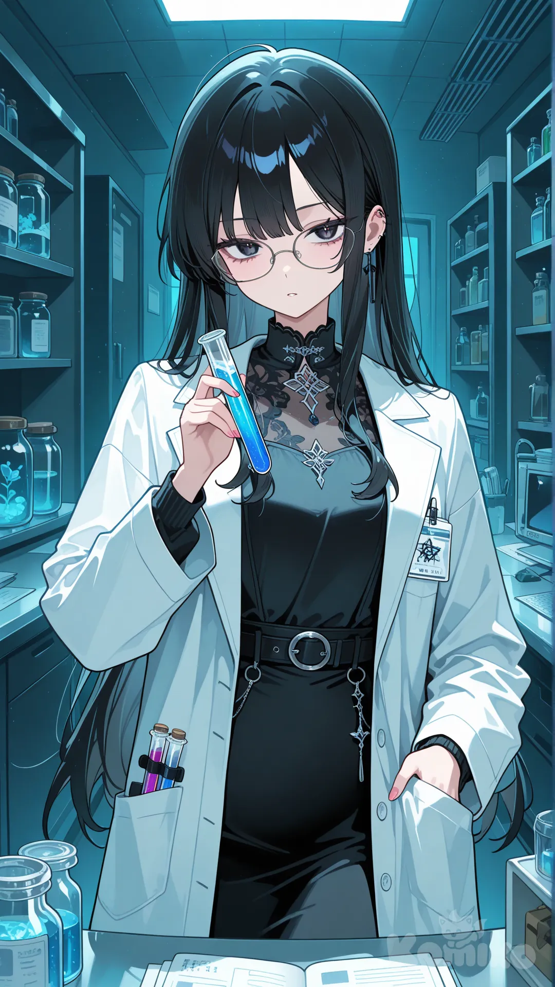 1 woman, black dress, long black hair, glasses, lab coat, 2 test tubes in her hands, laboratory, high definition
