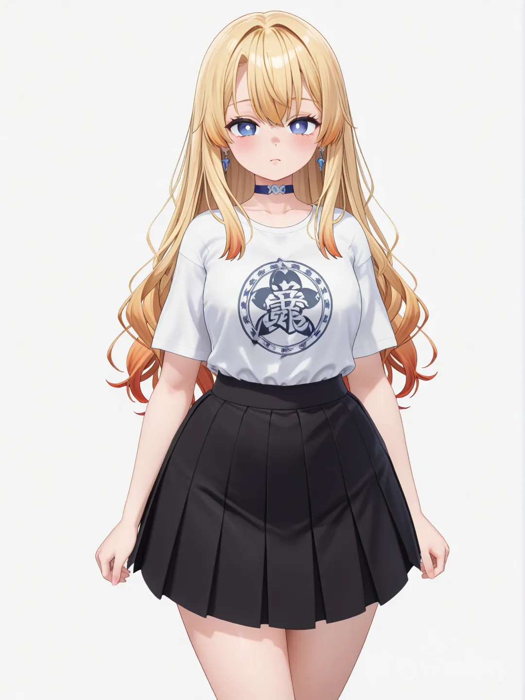 [3d-anime-style] 1girl, demon_slayer_style, original_character, teenager, curvy, blonde_hair, straight_hair, blue_eyes, fair_skin, hoodie, pleated_skirt, t-shirt, earrings, choker, single_character, full_body, looking_at_viewer, anime_style, simple_background, white_background