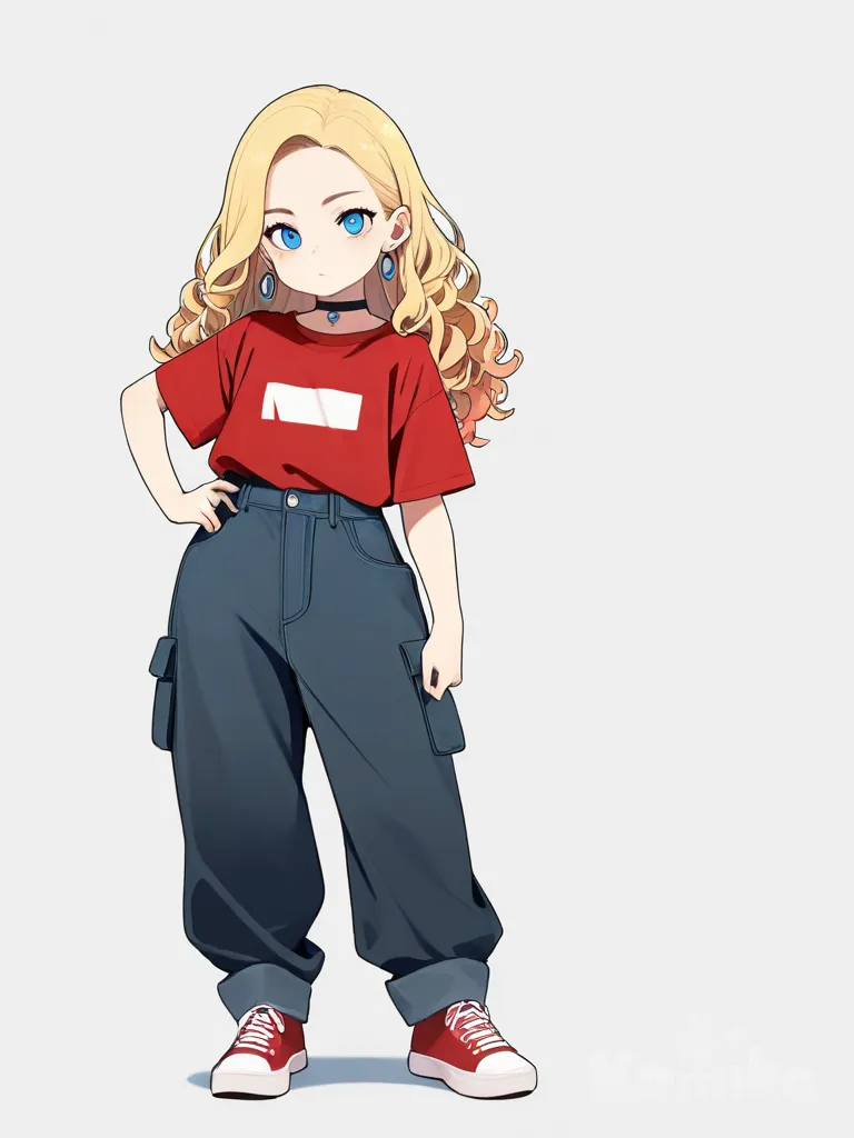 1girl, teenager, curvy, blonde_hair, curly_hair, blue_eyes, fair_skin, t-shirt, cargo_pants, earrings, choker, single character, full body, looking at viewer, anime style, simple background, white background