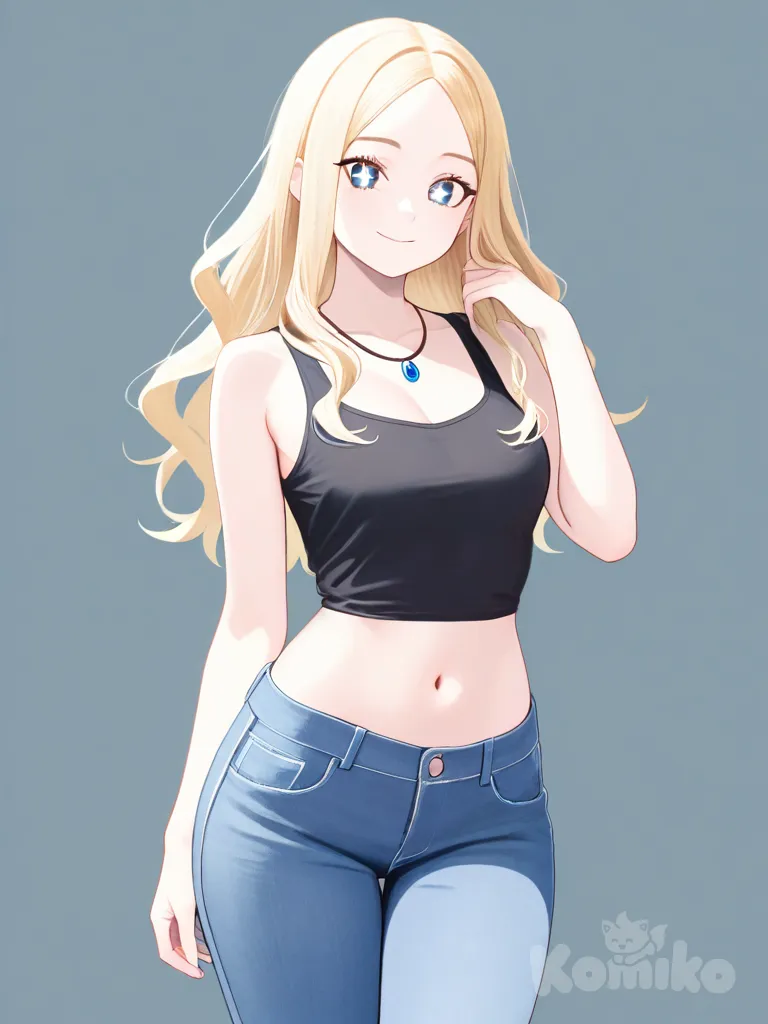 1girl, confident_young_woman, curvy_figure, long_blonde_wavy_hair, sparkling_blue_eyes, radiant_fair_skin, stylish_tank_top, fitted_jeans, layered_necklaces, anime_coloring