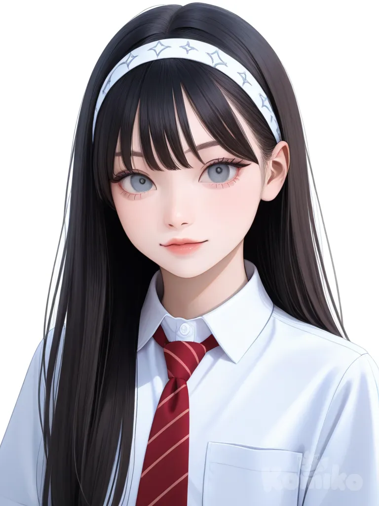 1girl, vampire, teenager, athletic, tall, black_hair, long_hair, straight_hair, grey_eyes, fair_skin, school_uniform, knee_socks, headband, tie, hair_ornament, anime_style, realistic, single_character, full_body, looking_at_viewer, simple_background, white_background