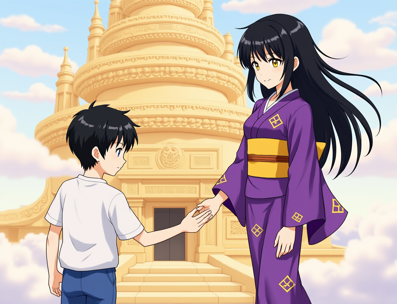 Character 0 is Herobrine, description: A 10-year-old boy with short black hair with left-side bangs, white glowing eyes, wearing a plain white t-shirt and blue shorts. He has a mischievous and energetic demeanor..
Character 1 is Luminara, description: A 46-year-old woman with long black hair reaching her waist, left-side bangs, and yellow eyes. She wears a elegant purple kimono with golden patterns. Despite her age, she looks youthful and beautiful..
A grand, ancient-looking spiral temple on a high plateau surrounded by clouds. The temple has intricate reliefs and a warm, inviting atmosphere. In the foreground, Luminara is gently guiding a reluctant Herobrine towards the temple entrance, anime style with soft pastel color and soft lighting