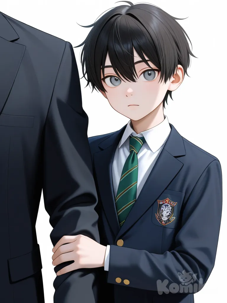 1boy, demon, teenager, athletic, black_hair, short_hair, gray_eyes, fair_skin, school_uniform, tie, anime_coloring, realistic, single_character, full_body, looking_at_viewer, anime_style, simple_background, white_background