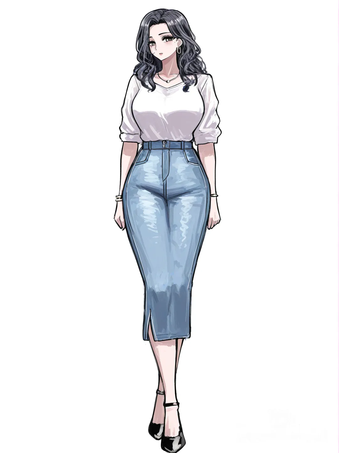 [sketchy-painterly-style] 1girl, cel_shading, pastel_colors, mature_female, athletic, tall, black_hair, long_hair, brown_eyes, fair_skin, bohemian_shirt, plastic_hair_accessory, jewelry, necklace, earrings, pencil_skirt, beach_shorts, denim_skirt, wide_leg_pants, single_character, full_body, looking_at_viewer, anime_style, simple_background, white_background