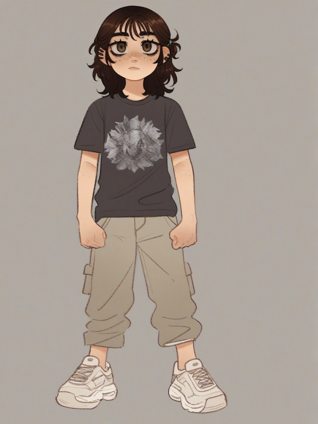 [soft-shaded-moe-style] 1girl, child, slim, brown_hair, brown_eyes, freckles, fair_skin, pants, t-shirt, hair_accessory, single character, full body, looking at viewer, anime style, simple background, white background