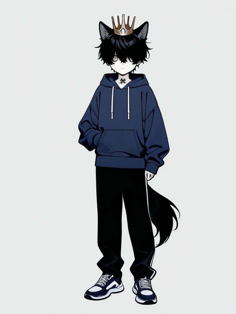 1boy, black_hair, hair_over_eyes, hoodie, dark pants, teenager, athletic, grey_eyes, pale_skin, tattoo, wolf_ears, crown, single character, full body, looking at viewer, anime style, simple background, white background