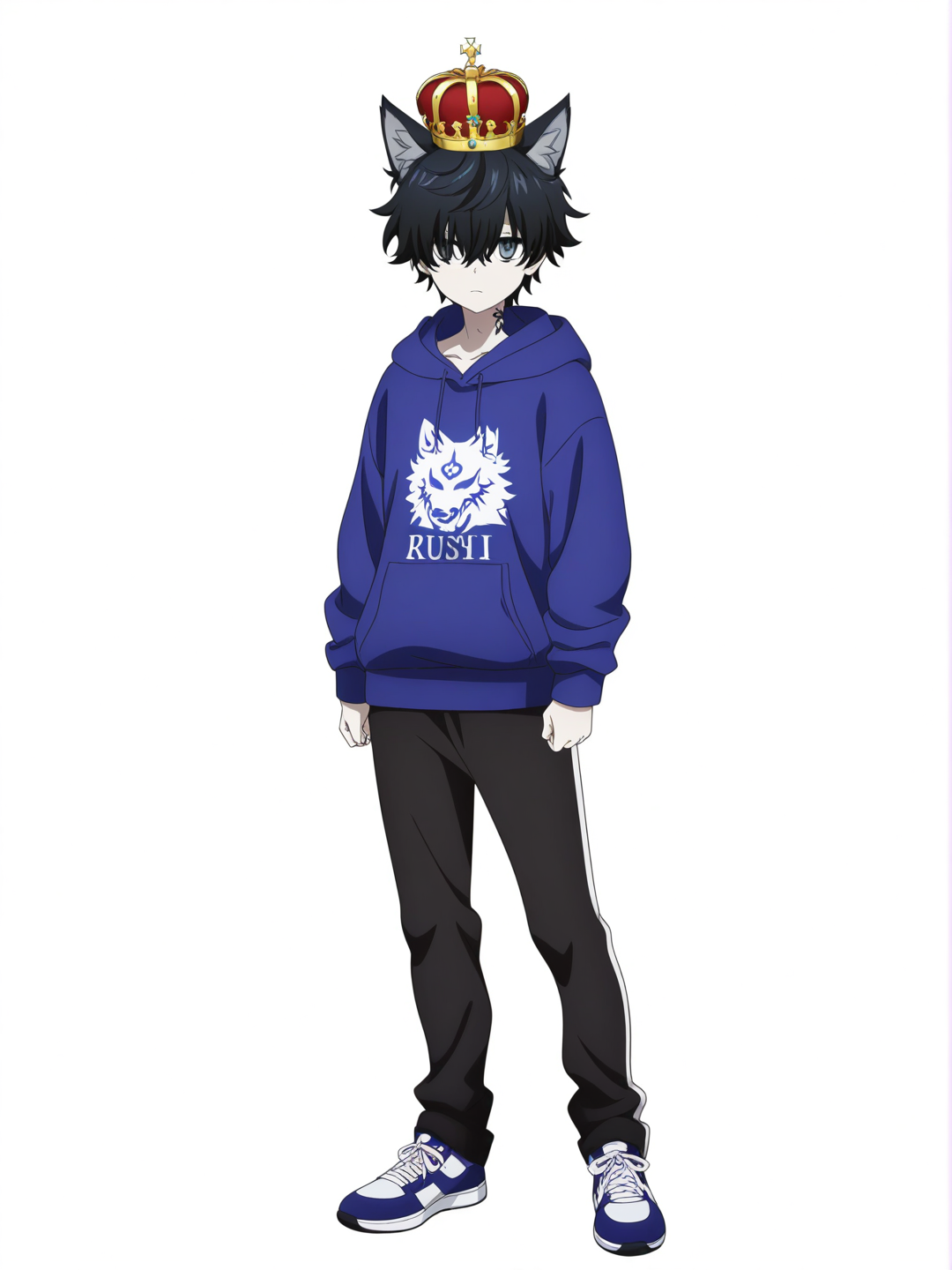[pop-anime-style] 1boy, black_hair, hair_over_eyes, hoodie, dark pants, teenager, athletic, grey_eyes, pale_skin, tattoo, wolf_ears, crown, single character, full body, looking at viewer, anime style, simple background, white background