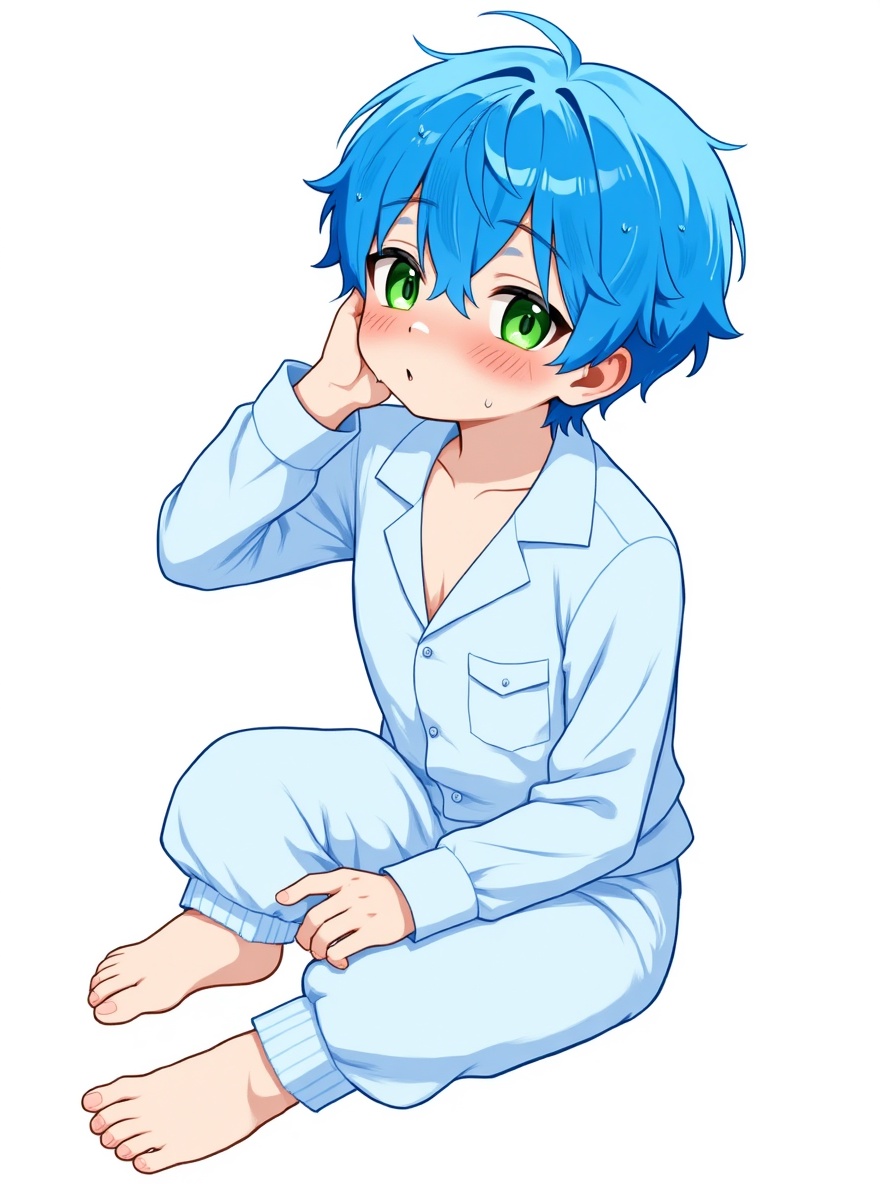 1boy, child, slim, petite, blue hair, green eyes, fair skin, pajamas, plastic, hairpin, anime coloring, single character, full body, looking at viewer, anime style, simple background, white background