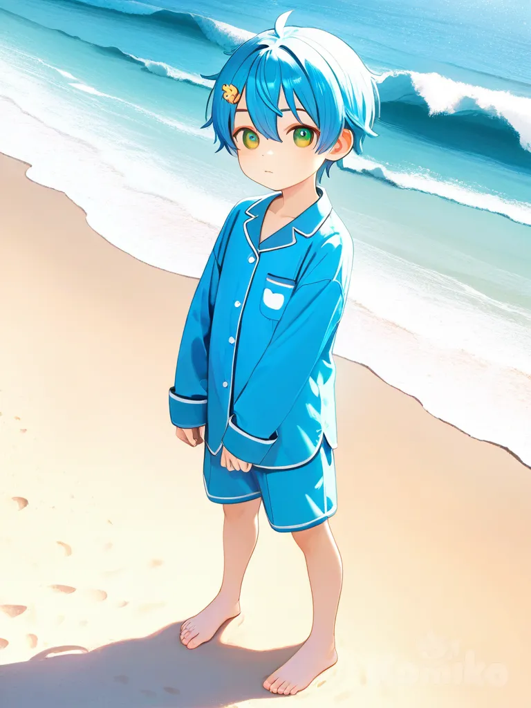 1boy, child, slim, petite, blue hair, green eyes, fair skin, pajamas, plastic, hairpin, anime coloring, single character, full body, looking at viewer, anime style, simple background, white background na praia