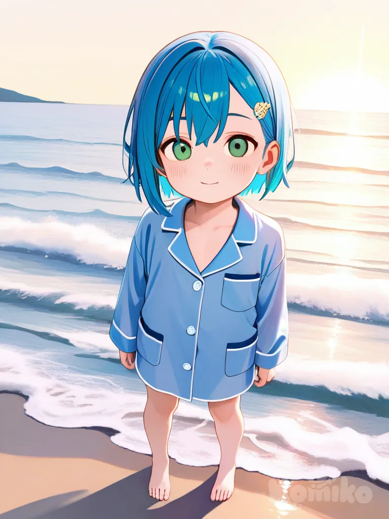 1boy, child, slim, petite, blue hair, green eyes, fair skin, pajamas, plastic, hairpin, anime coloring, single character, full body, looking at viewer, anime style, simple background, white background na praia