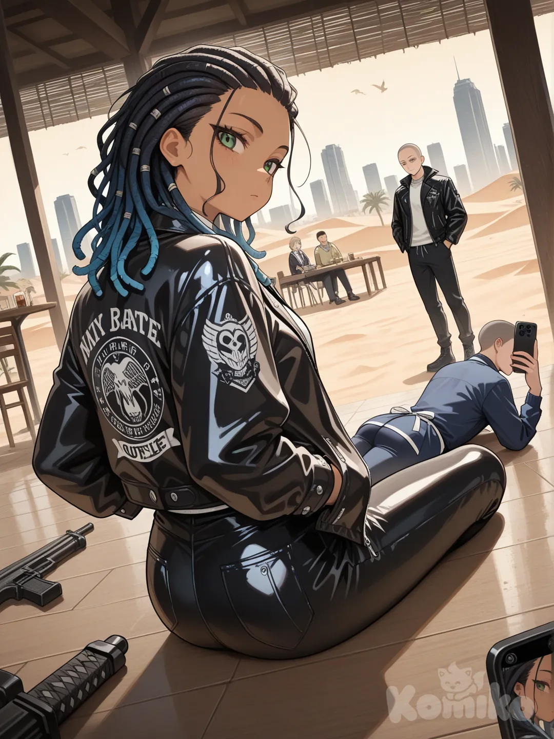 1boy, 1girl, 2people, 2girls, 2boys, holding sword, hands in pockets, selfie, looking at phone, looking back, sitting on the ground, lie on stomache, holding gun, bird's-eye view, panoramic lens, closeup, skyscraper, desert, cafe, punk leather jacket, knitted cardigan, polo shirt, straight bangs, buzz cut, spiral curls, slicked-back hair, dreadlocks, olive green, navy blue, ivory white, school uniform, raincoat, apron, diving suit