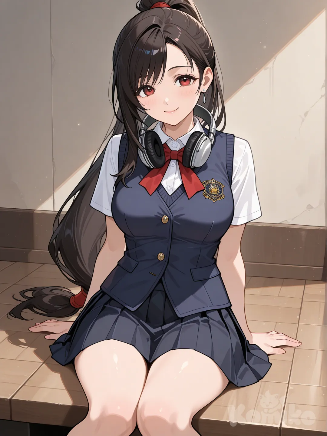 1girl, @Tifa_Lockhart, sitting on the ground, school vest, pleated skirt, headphones, high ponytail