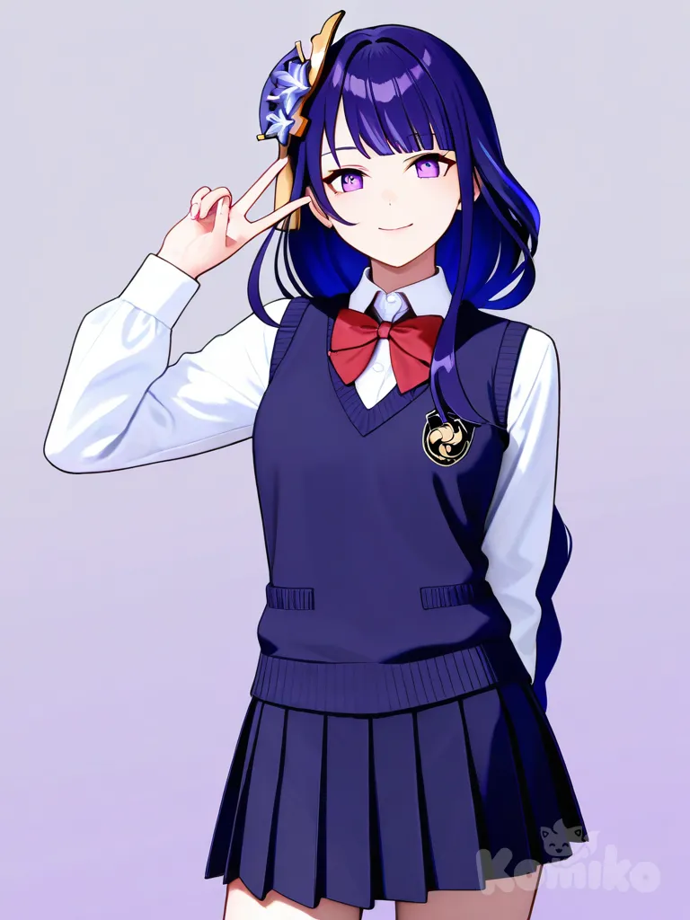 @Raiden_Shogun, school vest, cowboy shot, v sign