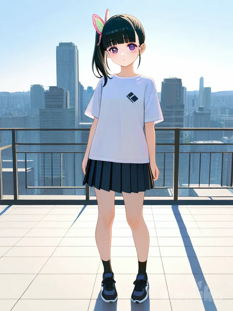 @Tsuyuri_Kanao, t-shirt, pleated skirt, full body, cityscape