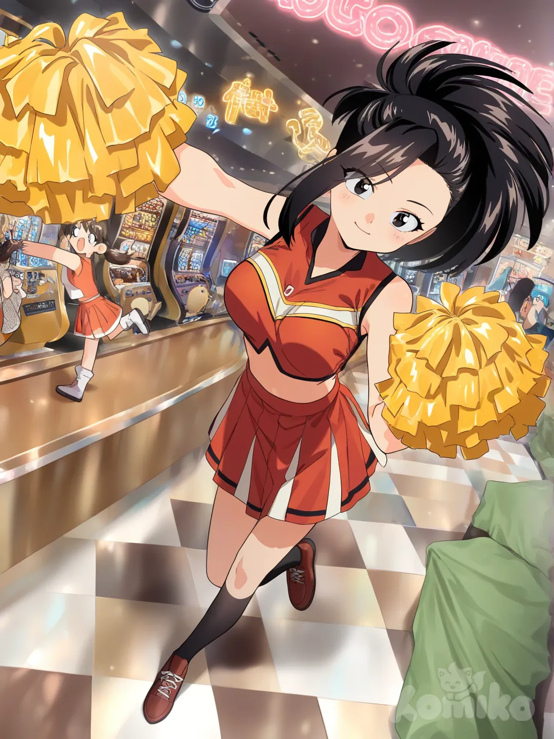 @Yaoyorozu_Momo, (()) , ((highly )) , face , beautiful face , (eyes , deep eyes) , (1girl) , dynamic angle , full body , <lora:hairdetailer: . 9> , <lora:yaoyorozu_momo: . 9> , yaoyorozu_momo , momo_mha , long hair , black hair , black eyes , ponytail , hair pulled back , large breasts , smile , <lora:UACheerleader:1> , U . A . CheerUniform , orange crop top , orange skirt , pom pom \(cheerleading\) , (inside , at a casino) , <lora:A3D_Beta:1> , [90s-shojo-style]