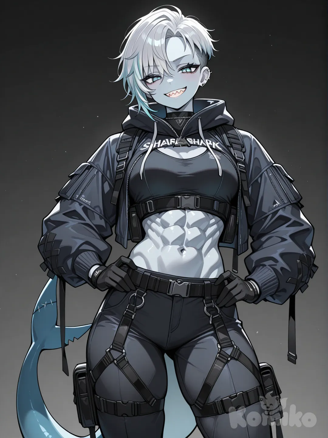 Woman, Athletic, Shark-Girl, blue-grey-skin, grey Hair, undercut, light blue eyes, piercings on ear, Techwear, Smug look