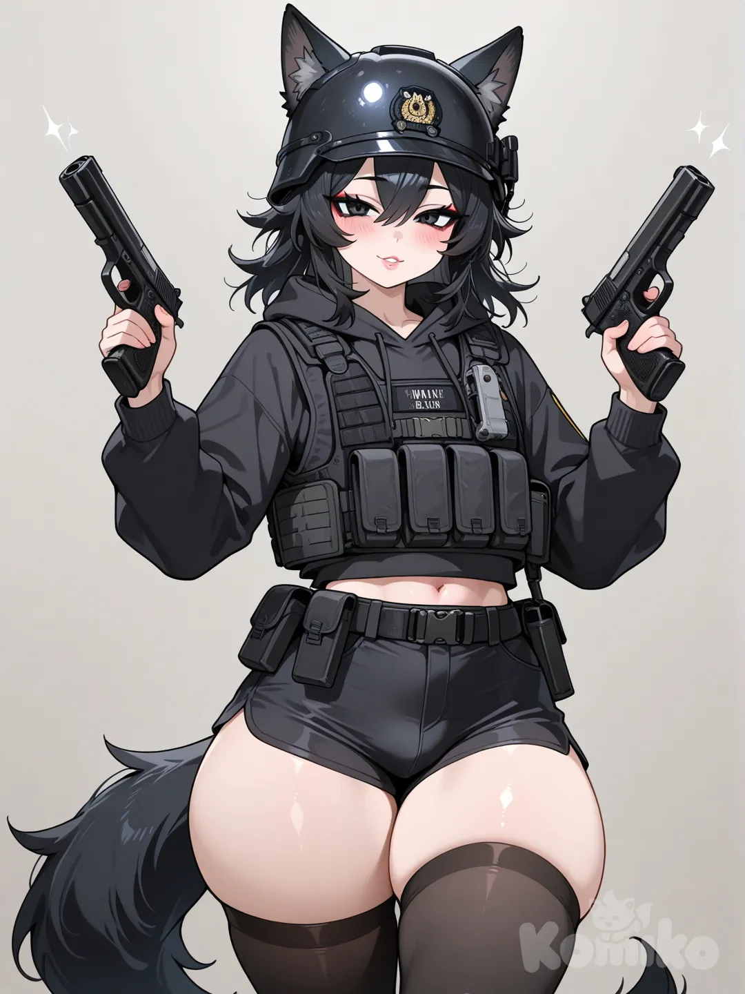 A curvy femboy with messy black hair at neck length, black eyes, black wolf ears and tail, a slim physique, flat chest, big hips, thicc thighs, big ass, smooth skin, subtle eyeliner, glossy full lips, and a shy look, looking at the viewer.

Clothes: Black cropped hoodie, black tactical vest and black military helmet, black shorts, black thigh-high stockings, black utility belt, 2 pistols in both hands

Pose: Pointing 2 pistols at the viewer, playful expression