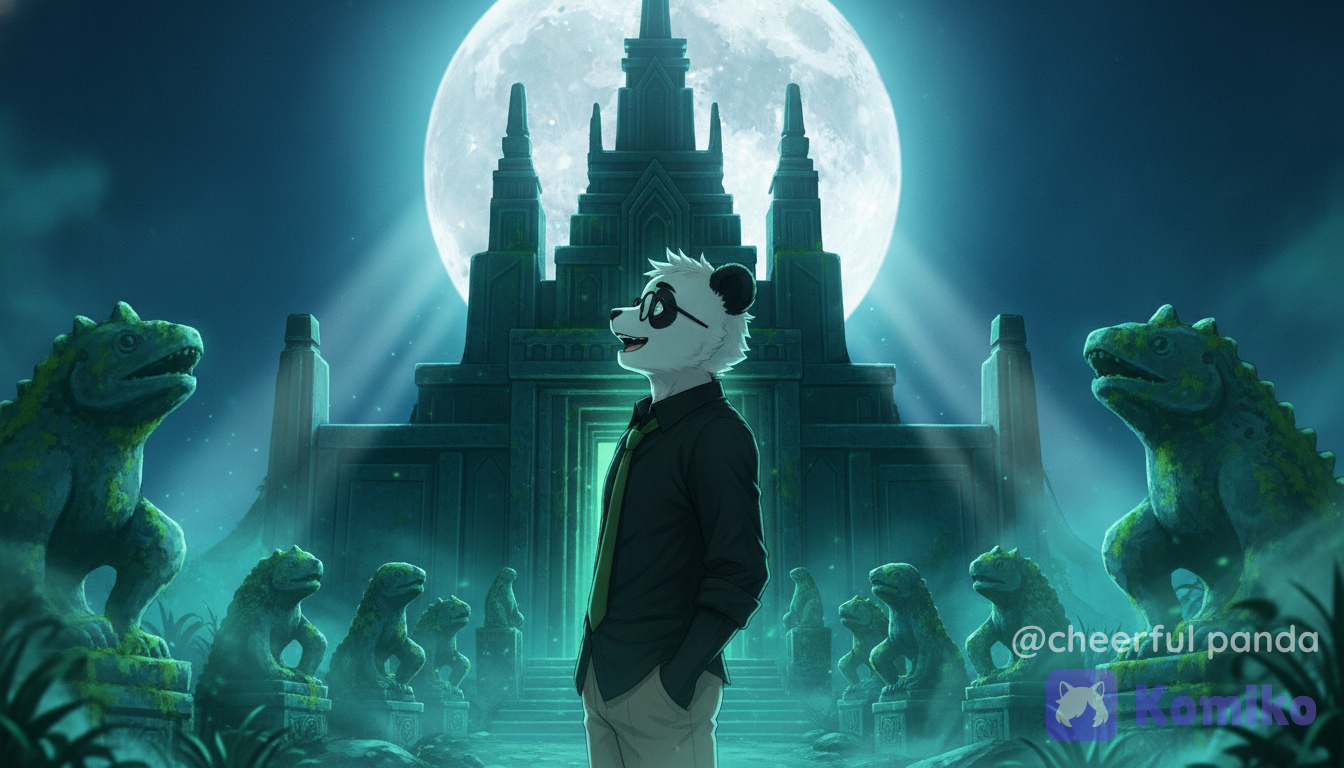 Furry, @holy-m92I, anthropomorphic male panda, wearing round glasses, green tie, black button-up shirt, standing at entrance of Ancient Lizard Temple, amazed expression looking up, profile 3/4 view, amazed, happy, midnight, full moon behind temple spires, alone, full moon, abandoned jade statues lining the entrance, blue and green atmosphere colors, teal color grading, silver moonlight mixing with jade green glow, soft volumetric moonbeams through mist, nostalgic atmosphere, wondrous mood, ethereal lighting, gentle bloom, fur shading, cinematic composition, anime style, sharp details