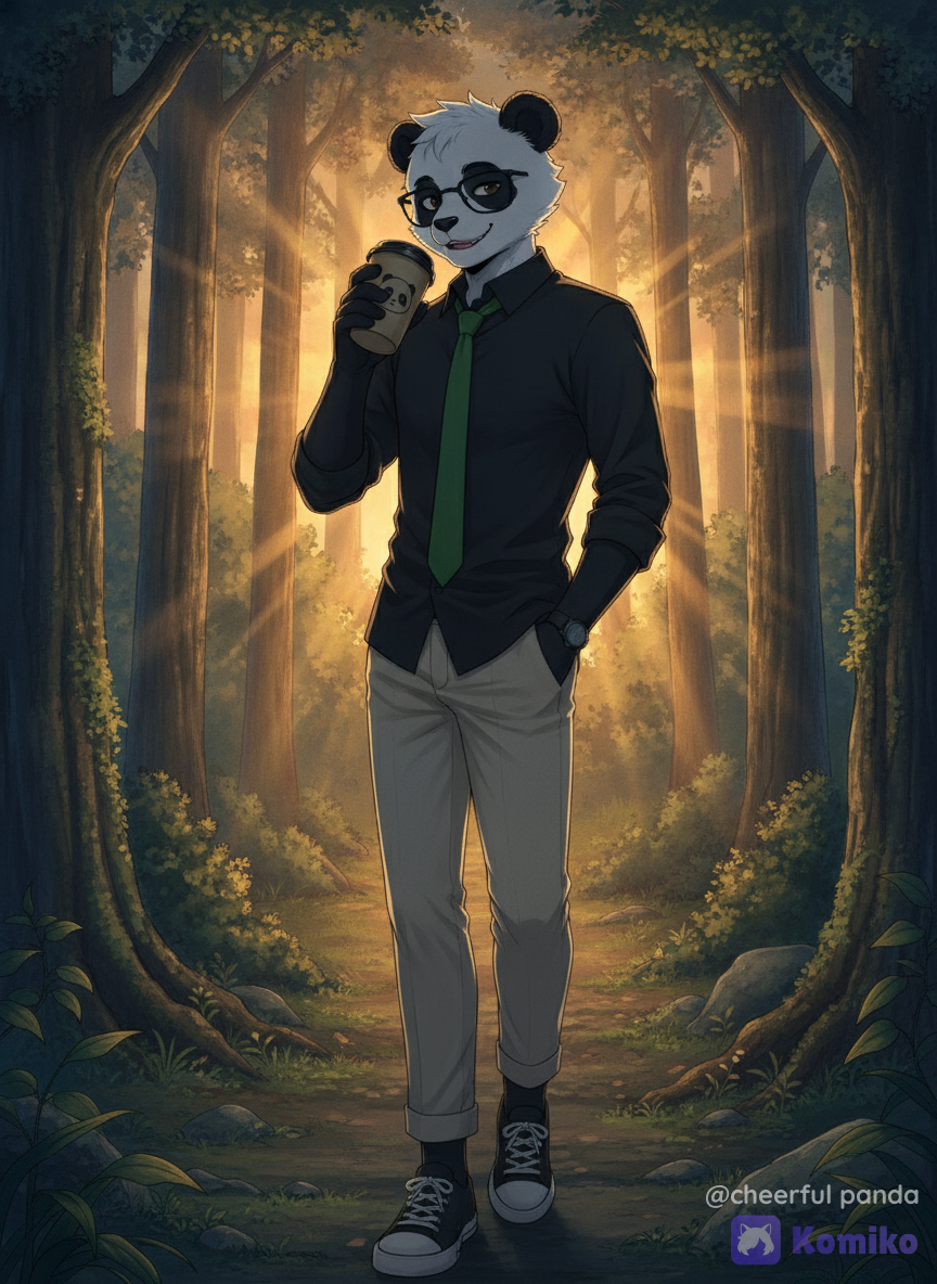 Furry, @holy-m92I, anthropomorphic male panda, 30 years old, wearing black shirt, emerald green tie, pants, round glasses, drinking coffee walking in the forest, relaxed, 6pm sunset, golden hour, warm orange and deep blue twilight colors, professional cinematic lighting, rim light outlining fur and silhouette, soft shadows defining physique, volumetric light rays through leaves, dappled sunlight, smoldering gaze, charming smile, fur shading, elegant, anime style, 8k, sharp details