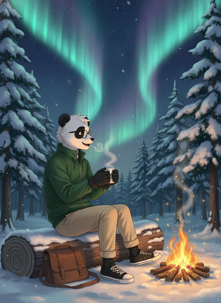 OC, scenes, @holy-m92I, 8k, anime style, 2D anime, clean lineart, cel shading with soft gradients, professional illustration, wholesome atmosphere CHARACTER HOLY: anthropomorphic panda male 28 years old, side profile view, white fur black eye patches with fluffy fur texture, short spiky white hair, brown eyes bright with joy behind round vintage glasses, happy captivated smile, amazed and content expression, looking up at sky POSE: sitting on ground or log by a campfire, relaxed seated position, profile angle, one knee up, hands near fire or holding warm mug, cozy posture OUTFIT: warm forest green windbreaker jacket zipped up, cozy winter gear, beige chino pants, black converse sneakers, wool gloves, leather satchel beside him. Breath visible in cold air. SCENE: night time pine forest clearing with light snow on ground and branches, thin snow layer. Campfire in foreground providing warm glow. Holy seated beside fire, aurora borealis dancing in sky above. LIGHTING: dual lighting mix - warm orange campfire glow illuminating Holy's profile from below/side, soft flickering fire light on face and fur, + cool aurora light from above in greens teals purples. Firelight rim on fur, aurora reflection on snow. Soft shadows, no harsh contrast, professional cinematic lighting with orange warmth COLOR PALETTE: deep midnight blue sky, aurora teal emerald violet pink, warm orange fire glow, silver white snow, forest green jacket. Orange fire + cool aurora = warmth + magic balance. Nostalgic comforting tones. ATMOSPHERE: serene, happy, captivated, peaceful solitude, heartwarming, magical winter night, quiet forest, snowflakes gently falling, steam from warm mug EFFECTS: fire sparks, smoke rising from campfire, snow on pine branches, aurora light rays, breath fog, soft glow on snow ART STYLE: anime lineart, soft cel shading, high detail fur fabric snow texture, depth of field, painterly background, emotional lighting Negative prompt: 3D, CGI, photorealistic, front view, standing, daytime, summer, violence, weapons, nsfw, nude, city, harsh neon, monocle, blurry, lowres, text, watermark