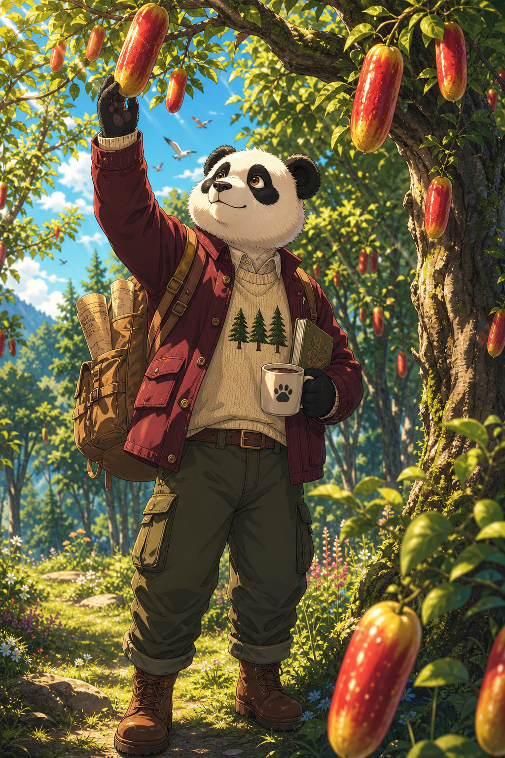 OC, furry art, @holy-m92I, ANIME STYLE, PROFESSIONAL CINEMATIC LIGHTING, 8K CHARACTER LOCK - HOLY CANON 100% FIDELITY:
MALE ANTHROPOMORPHIC PANDA. EXACT APPEARANCE FROM character. WHITE AND BLACK FLUFFY FUR, ROUND BLACK EARS, BLACK EYE PATCHES, WARM AMBER EYES. WARM CURIOUS SMILE.
OUTFIT: BURGUNDY FIELD JACKET WITH BUTTONS AND POCKETS, CREAM KNIT SWEATER WITH 3 GREEN PINE TREES EMBROIDERED, OLIVE GREEN CARGO PANTS WITH CUFFED HEMS, BROWN LEATHER BELT, BROWN WORK BOOTS. TAN EXPLORER BACKPACK WITH ROLLED MAPS. HOLDING CERAMIC MUG.
POSE: STANDING UNDER TREE. HEAD TILTED UP, LOOKING UP WITH CURIOSITY AND WONDER. ONE HAND REACHING TOUCH A FRUIT. NOTEBOOK TUCKED UNDER ARM. SCENE LOCK:
SUNNY FOREST AT 10 AM. BRIGHT DAYTIME. CLEAR BLUE SKY WITH SUNLIGHT FILTERING THROUGH LEAVES. PECULIAR APPLE TREES WITH LONG ELONGATED APPLES HANGING FROM BRANCHES. NOT ROUND. APPLES look like red cucumbers, RED AND GOLD. GREEN LEAVES, MOSS ON TRUNK. GRASS AND WILD FLOWERS ON GROUND. DETAIL LOCK - TEXTURE PRIORITY:
ULTRA FLUFFY FUR WITH INDIVIDUAL STRANDS AND VOLUME. SOFT FUR SHADING. FABRIC TEXTURE: WOOL SWEATER KNIT, THICK COTTON JACKET, CANVAS BACKPACK, LEATHER BELT AND BOOTS. TREE BARK TEXTURE WITH DEEP GROOVES. GLOSSY SKIN ON LONG APPLES. PAPER TEXTURE ON NOTEBOOK. WATER DROPLETS ON LEAVES FROM MORNING DEW. LIGHTING LOCK - 10AM SUNNY:
WARM MORNING SUNLIGHT. SOFT DAPPLED LIGHT THROUGH TREE CANOPY. STRONG CAST SHADOWS FROM TREES ON GROUND. RIM LIGHT ON HOLY'S FUR EDGES. BRIGHT HIGHLIGHTS ON APPLES AND LEAVES. VOLUMETRIC GODRAYS. CHEERFUL, PEACEFUL, ADVENTUROUS MOOD. ATMOSPHERE LOCK:
PEACEFUL FOREST. BIRDS IN BACKGROUND. GENTLE BREEZE MOVING LEAVES. DUST PARTICLES IN SUNBEAMS. STYLE LOCK:
2D ANIME ILLUSTRATION, CLEAN LINEART, VIBRANT COLORS, STUDIO GHIBLI NATURE AESTHETIC, PROFESSIONAL KEY ART, SHARP FOCUS NEGATIVE PROMPT:
3D, CGI, PHOTO, REALISTIC, DEFORMED PANDA, WRONG OUTFIT, ROUND APPLES, NIGHT, DARK, BLURRY, LOWRES, FLAT LIGHTING, NO SHADOWS