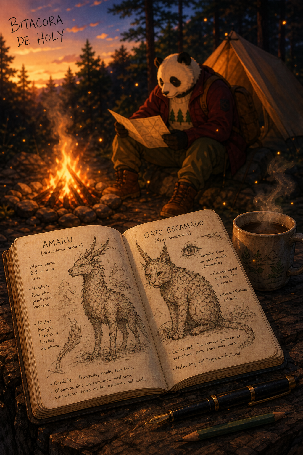 ANIME STYLE, BOOK COVER ART, CINEMATIC PHOTOGRAPHY, SHALLOW DEPTH OF FIELD, 8K COMPOSITION LOCK - FRONT FOCUS:
FOREGROUND FOCUS. EXTREME CLOSE UP ON OPEN NOTEBOOK AND STEAMING CERAMIC MUG ON LOG. NOTEBOOK IS CENTER-FRONT. BOTH PAGES VISIBLE AND CLEAR. SHALLOW DEPTH OF FIELD. BACKGROUND BLURRED. TITLE LOCK - HANDWRITTEN INDIE:
TOP LEFT CORNER: HANDWRITTEN TITLE "BITACORA DE HOLY" WRITTEN WITH BALLPOINT PEN. AMATEUR, INDIE, CASUAL HANDWRITING. SLIGHTLY MESSY, PERSONAL, LIKE A FIELD JOURNAL TITLE. BLACK INK. NOT DIGITAL FONT. SOLO CIELO DE ATARDECER EN LA ESQUINA SUPERIOR IZQUIERDA DONDE VA EL TÍTULO NOTEBOOK DETAIL LOCK:
OPEN HANDWRITTEN FIELD JOURNAL. AGED PAPER TEXTURE. LEFT PAGE: HAND-DRAWN PENCIL SKETCH OF AMARU, ANDEAN DRAGON-LLAMACOMBO. LOOSE PENCIL LINES, NOT PERFECT, WITH PEN NOTES AROUND. RIGHT PAGE: HAND-DRAWN PENCIL SKETCH OF SCALED CAT WITH SMALL HORNS, LIGHT SCALES, LOOSE SKETCH STYLE WITH PEN NOTES. INK AND PENCIL. SKETCHES LOOK HANDMADE, IMPERFECT, SCIENTIFIC. PROPS LOCK:
CERAMIC MUG WITH HOT COFFEE, STEAM RISING. OLD FOUNTAIN PEN AND PENCIL NEXT TO NOTEBOOK. WARM CAMPFIRE GLOW REFLECTING ON PAPER AND MUG. BACKGROUND LOCK - HOLY BLURRED:
BKEH, SOFT FOCUS. MALE ANTHROPOMORPHIC PANDA SITTING BY CAMPFIRE AT DUSK. AVERAGE, NORMAL BUILD. SLIM BUT NOT SKINNY. RELATABLE PROPORTIONS.
OUTFIT: BURGUNDY FIELD JACKET, CREAM SWEATER WITH 3 GREEN PINES, OLIVE CARGO PANTS, BROWN BOOTS, TAN BACKPACK. POSE: SITTING ON GROUND, LEANING FORWARD STUDYING MAP, WARM GLOW ON FACE. NEAR SMALL CAMPING TENT. CAMPFIRE IN MIDDLE GROUND. SCENE LOCK:
FOREST AT 4 PM. GOLDEN HOUR DUSK LIGHT. TALL TREES, SUNSET, DARKENING BLUE SKY. CAMPFIRE LIGHT AS MAIN LIGHT SOURCE. WARM ORANGE GLOW VS COOL BLUE TWILIGHT. FIREFLIES, SMOKE RISING. PEACEFUL, NOSTALGIC, ADVENTUROUS MOOD. DETAIL LOCK:
ULTRA PAPER FIBERS, INK LINES, COFFEE STEAM, WOOD GRAIN ON LOG, FABRIC TEXTURE ON JACKET, FLUFFY FUR BKEH, LEATHER BOOTS, CANVAS TENT. LIGHTING LOCK:
WARM GOLDEN HOUR + CAMPFIRE LIGHTING. LOW ANGLE SUN. RIM LIGHT ON TREES. COZY, NOSTALGIC, WISTFUL ATMOSPHERE. LENS FLARE FROM FIRE. STYLE LOCK:
2D ANIME ILLUSTRATION, STUDIO GHIBLI NOSTALGIC AESTHETIC, WATERCOLOR TEXTURE, CLEAN LINEART, CINEMATIC COLOR GRADING, PROFESSIONAL BOOK COVER, INDIE ZINE VIBE NEGATIVE PROMPT:
3D, CGI, PHOTO, PERFECT DIGITAL FONT, PERFECT DIGITAL DRAWINGS, SHARP BACKGROUND, NO BLUR, WRONG OUTFIT, CHUBBY PANDA, MODERN NOTEBOOK, NO STEAM, DAYTIME, dibujos a mano lindos