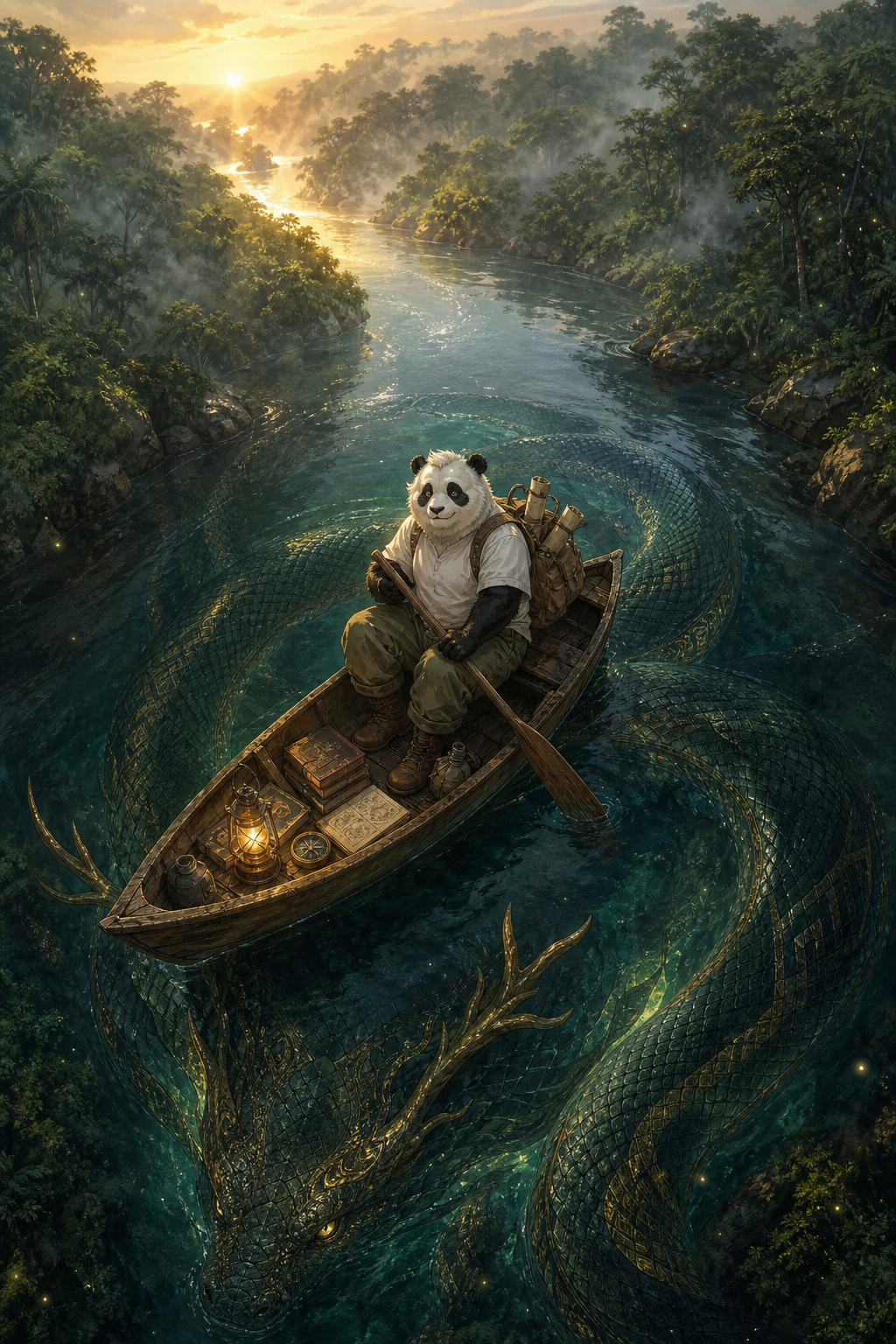 Scenes, 2D ANIME ILLUSTRATION, ORIGINAL FANTASY ART STYLE, HAND-PAINTED WATERCOLOR TEXTURES, SOFT ETHEREAL AESTHETIC, CRISP CLEAN LINEART, EPIC FANTASY ILLUSTRATION, BIRDS EYE VIEW, AERIAL SHOT, WIDE PANORAMIC, VERTICAL 3:4 ASPECT RATIO, ULTRA 8K, PROFESSIONAL CINEMATIC LIGHTING, DAWN 5AM, AMAZON JUNGLE RIVER, MAGICAL ATMOSPHERE CHARACTER FACE LOCK - HOLY: @holy-m92I, USE CHARACTER IMAGE FOR EXACT FACE. ADULT MALE ANTHROPOMORPHIC PANDA. DISTINCTIVE HAIRSTYLE: SHORT WHITE FUR ON TOP OF HEAD WITH SMALL TUFT / COWLICK / SIDE-SWEPT MECHÓN ON FOREHEAD, FUR SWEPT TO THE SIDE. LARGE KIND BROWN EYES WITH SOFT HIGHLIGHTS. GENTLE SMILE. BLACK EYE PATCHES. ROUND BLACK EARS. FLUFFY WHITE FUR AROUND CHEEKS AND CHIN. WISE SCHOLAR EXPRESSION. WARDROBE: SIMPLE WHITE COTTON T-SHIRT. OLIVE GREEN CARGO PANTS ROLLED UP. BROWN BOOTS. NO JACKET. NO SWEATER. DUE TO HEAT.
BACKPACK: BROWN CANVAS BACKPACK WITH ROLLED MAPS AND SCROLLS STICKING OUT.
BOAT DETAILS: RUSTIC WOODEN CANOE. INSIDE THE BOAT: STACK OF ANTIQUE LEATHER-BOUND BOOKS, HANDWRITTEN JOURNAL, BRASS COMPASS, OIL LANTERN, CANTEEN, CLOTH SATCHEL. WOODEN PADDLE IN HAND. HOLY IS ALONE. CREATURE LOCK - THE YACUMAMA:
GIANT MYTHICAL AMAZONIAN RIVER SERPENT SPIRIT. DIRECTLY UNDER THE BOAT. EXTREMELY LONG AND THICK BODY, MASSIVE COILS WRAPPING UNDER THE CANOE. DARK EMERALD AND OBSIDIAN SCALES WITH GOLDEN ANCIENT PATTERNS. HYPER-WET SHINY SCALE TEXTURE. TWO MAJESTIC ANTLER-LIKE GOLDEN HORNS ON HEAD. ANCIENT WISE GOLDEN EYES. SUBTLE MAGICAL AURA GLOWING FROM UNDERWATER. COMPOSITION + ENVIRONMENT + LIGHTING:
EXTREME HIGH ANGLE BIRDS EYE VIEW. WIDE PANORAMIC RIVER CURVING THROUGH DENSE JUNGLE. SINGLE SMALL WOODEN CANOE CENTER. AMAZON RIVER AT 5AM DAWN. DARK TEAL WATER SHOWING SERPENT BELOW. THICK MORNING MIST. LUSH JUNGLE, FIREFLIES, MAGICAL SPORES. COOL BLUE TWILIGHT + WARM GOLDEN SUN RAYS. VOLUMETRIC LIGHT. TEXTURE LOCK:
FUR TEXTURE ON MECHÓN. FABRIC WEAVE. WOOD GRAIN. WATER RIPPLES. WET SCALES. MOOD:
SOLITARY, MAGICAL, MYSTERIOUS, REVERENT. NEGATIVE:
3D, CGI, PHOTO, BLURRY, EXTRA CHARACTERS, MOTOR BOAT, MODERN ITEMS, FLAT FACE, NO MECHÓN, DIFFERENT HAIRSTYLE