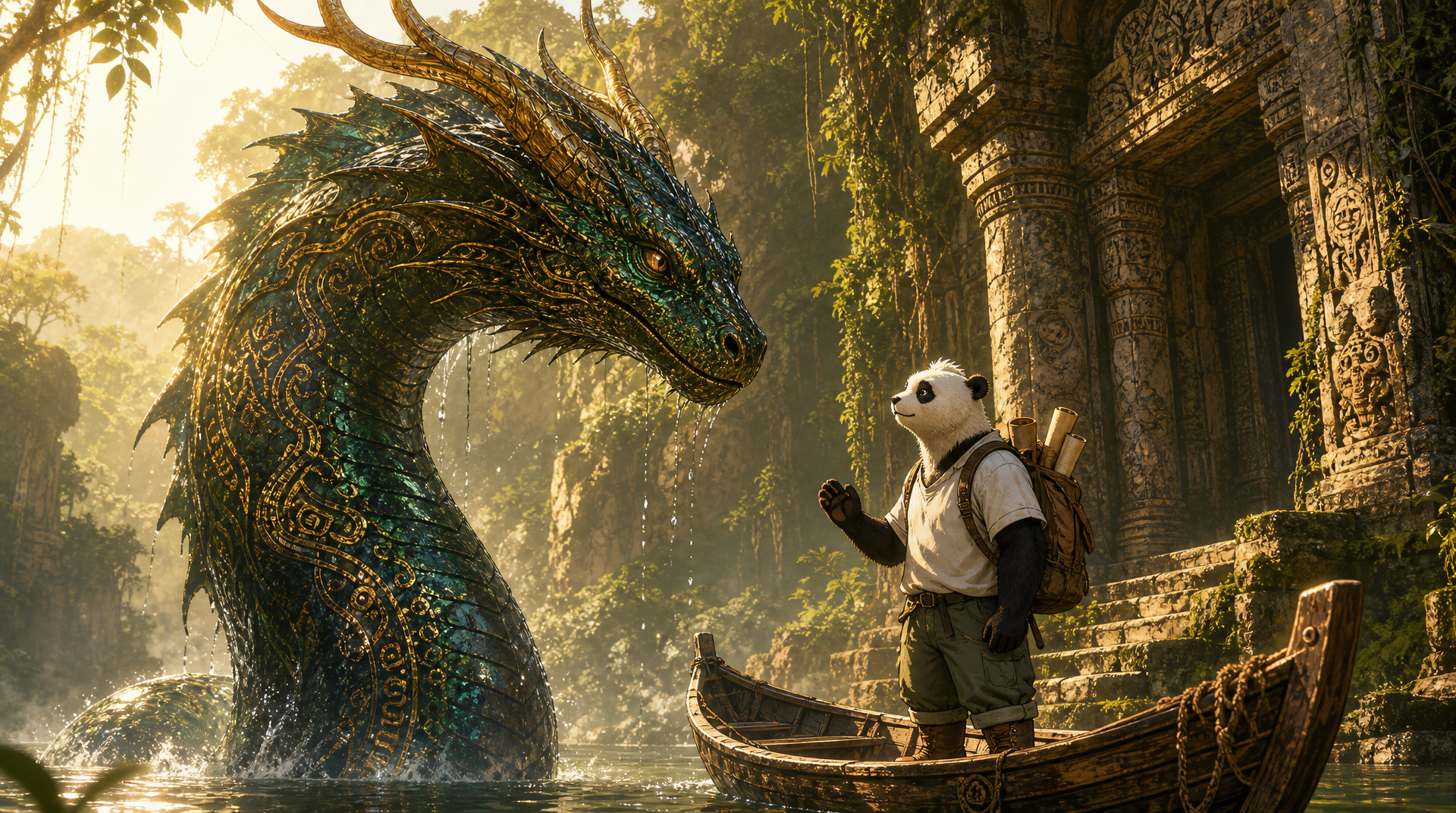 OC, 2D ANIME ILLUSTRATION, ORIGINAL FANTASY ART STYLE, HAND-PAINTED WATERCOLOR TEXTURES, SOFT ETHEREAL AESTHETIC, CRISP CLEAN LINEART, EPIC FANTASY ILLUSTRATION, MEDIUM SHOT, 3/4 VIEW, VERTICAL 3:4 ASPECT RATIO, ULTRA 8K, PROFESSIONAL CINEMATIC LIGHTING, MORNING 7AM, AMAZON JUNGLE RIVER, ANCIENT RUINED TEMPLE, MAGICAL ATMOSPHERE, FIRST CONTACT SCENE COMPOSITION LOCK:
MEDIUM SHOT AT WATER LEVEL, SLIGHT LOW ANGLE. WIDE SECTION OF AMAZON RIVER. ANCIENT STONE TEMPLE RUINS PARTIALLY SUBMERGED ON RIGHT SIDE. OVERGROWN WITH VINES AND JUNGLE PLANTS. HOLY'S WOODEN CANOE STOPPED NEAR TEMPLE STEPS. HOLY THE ANTHROPOMORPHIC PANDA STANDING IN BOAT, LOOKING UP. GIANT MYTHICAL RIVER SERPENT YACUMAMA RISING FROM WATER ON LEFT SIDE OF FRAME, HEAD AND UPPER BODY ERECT, LEVEL WITH HOLY. THEY ARE FACE TO FACE. CHARACTER LOCK - HOLY THE PANDA SCHOLAR: @holy-m92I, USE REFERENCE IMAGE FOR EXACT FACE. ADULT MALE ANTHROPOMORPHIC PANDA. NORMAL BUILD. ATHLETIC SCHOLAR PHYSIQUE. NOT CHUBBY.
DISTINCTIVE HAIRSTYLE: SHORT WHITE FUR ON TOP OF HEAD WITH SMALL TUFT / COWLICK / SIDE-SWEPT MECHÓN ON FOREHEAD. LARGE KIND BROWN EYES WIDE WITH AWE AND RESPECT. GENTLE EXPRESSION.
WARDROBE: WHITE COTTON T-SHIRT WITH FABRIC FOLDS AND WRINKLES. OLIVE GREEN CARGO PANTS ROLLED UP. BROWN LEATHER BOOTS. NO JACKET. DUE TO HEAT. BROWN CANVAS BACKPACK WITH SCROLLS.
POSE: STANDING IN CANOE, ONE HAND HOLDING BOAT EDGE, OTHER HAND SLIGHTLY RAISED IN GREETING. AURA OF REVERENCE AND CURIOSITY. CREATURE LOCK - THE YACUMAMA:
GIANT MYTHICAL AMAZONIAN RIVER SERPENT SPIRIT. MASSIVE BODY ERUPTING FROM WATER, COILED BASE UNDER SURFACE. HEAD AND 3 METERS OF UPPER BODY ERECT, TOWERING BESIDE BOAT. DARK EMERALD AND OBSIDIAN SCALES WITH INTRICATE GOLDEN ANCIENT PATTERNS. HYPER-SCALE TEXTURE: EACH SCALE INDIVIDUAL, WET, IRIDESCENT, CATCHING LIGHT. TWO MAJESTIC ANTLER-LIKE GOLDEN HORNS CURVING BACK. ANCIENT WISE GOLDEN EYES, CALM AND MYSTERIOUS, AS IF RECOGNIZING HOLY. SUBTLE MAGICAL AURA AROUND BODY. WATER DRIPPING FROM SCALES. ENVIRONMENT LOCK:
WIDEST PART OF AMAZON RIVER. ANCIENT ABANDONED STONE TEMPLE, HALF SUBMERGED. CRACKED STONE COLUMNS, CARVINGS ERODED BY WATER, COVERED IN MOSS AND VINES. LUSH JUNGLE BACKGROUND. MORNING MIST RISING FROM WATER. 7AM GOLDEN MORNING LIGHT. LIGHTING LOCK - PROFESSIONAL CINEMATIC:
GOLDEN HOUR MORNING LIGHT 7AM. WARM SUNLIGHT FROM SIDE, CREATING DRAMATIC RIM LIGHT ON YACUMAMA'S HORNS AND SCALES. SOFT KEY LIGHT ON HOLY'S FACE. VOLUMETRIC LIGHT RAYS PIERCING THROUGH JUNGLE CANOPY AND MIST. SUBTLE REFLECTED LIGHT FROM WATER ONTO CHARACTERS. GOD RAYS ILLUMINATING THE SPACE BETWEEN HOLY AND YACUMAMA. HIGHLIGHTS ON WET SCALES AND FABRIC. DEEP SHADOWS IN TEMPLE RUINS FOR CONTRAST. CINEMATIC COLOR GRADING: WARM GOLDS + COOL TEALS. TEXTURE DETAIL LOCK:
ULTRA FABRIC: COTTON T-SHIRT WEAVE, CANVAS BACKPACK, ROUGH ROPE ON BOAT. ULTRA FUR: SOFT FLUFFY WHITE FUR ON CHEEKS, MECHÓN, BLACK PATCHES. INDIVIDUAL STRANDS CATCHING LIGHT.
ULTRA SCALES: EACH SCALE ON YACUMAMA WITH WET SHINE, IRIDESCENCE, GOLDEN PATTERN INLAY. WATER DROPLETS ON SCALES.
STONE TEXTURE: WEATHERED ANCIENT TEMPLE STONE, MOSS, CRACKS. MOOD:
SACRED, MYSTERIOUS, PEACEFUL, FIRST CONTACT. MUTUAL RECOGNITION. ANCIENT GUARDIAN MEETING SCHOLAR. QUIET REVERENCE. NEGATIVE:
3D, CGI, PHOTO, BLURRY, LOWRES, EXTRA CHARACTERS, MOTOR BOAT, MODERN ITEMS, CHUBBY, AGGRESSIVE EXPRESSION, ANGRY SERPENT, DARK NIGHT
