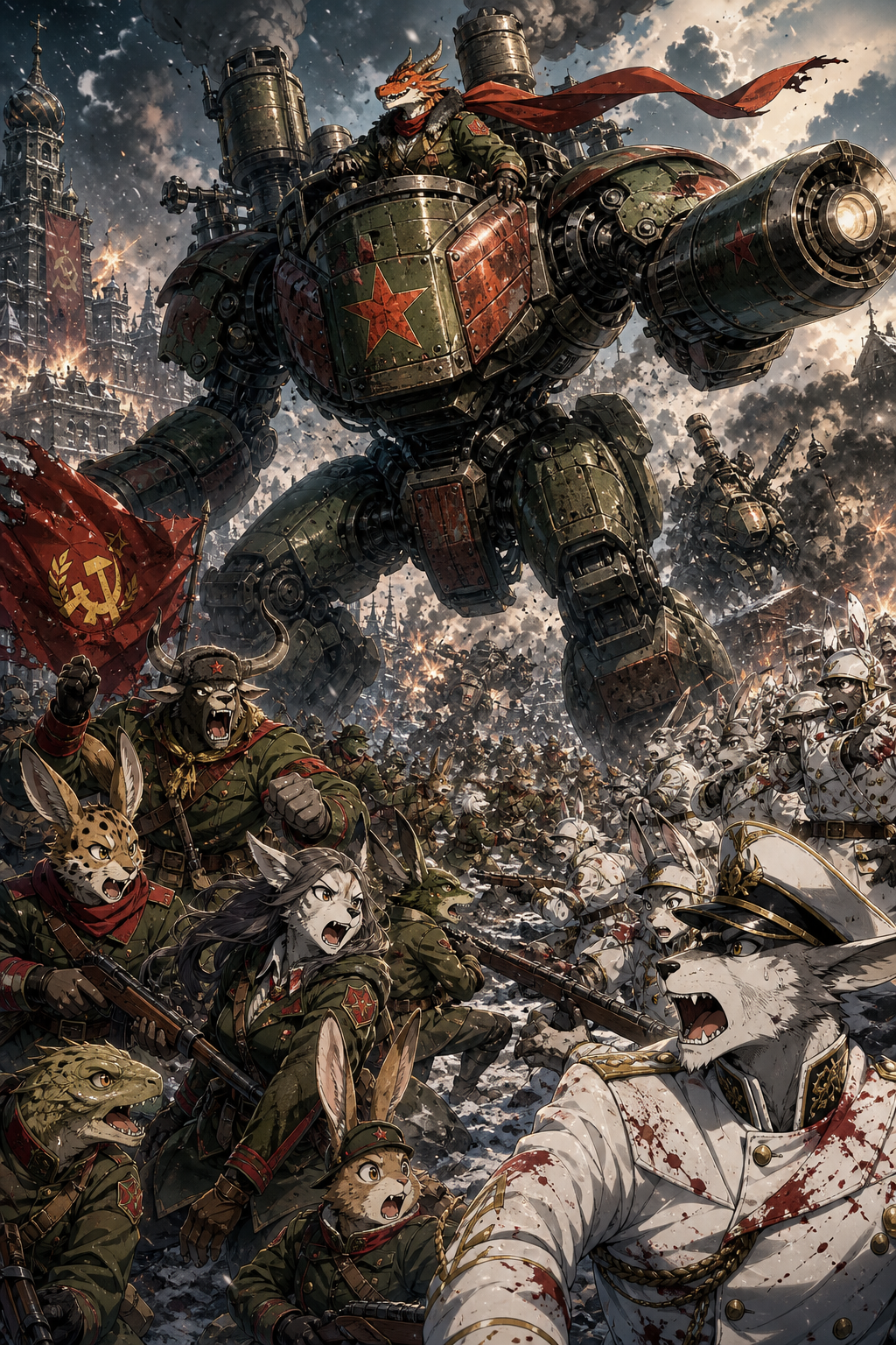 En la imagen de referencia 1 tienes la escena, en al imagen dos de referencia al mecha y en la imagen 3 de referencia al piloto dragón antropomórfico sin alas @velaruz-3mFk, júntalos y dame una imagen, es una escena 16:9, contexto: hay furros NPCS; entre servales, conejos, lobas, toros, alces, liebres, lagartijas, luchando en el campo de batalla, con los uniformes de color verde y rojo, contra el bando enemigo de furros uniformados completamente de blanco elegante manchados de gotas de tinta roja. El mecha ingresa a escena piloteado por Velaruz salvando a sus compañeros. El contexto: este es un universo dieselpunk del año 1925 y uno de los bandos es Rurssus, país con referencias a la Union soviética. en esta escena El Imperio de la Corona sagrada esta invadiendo un pueblo de Rurrsus, sus soldados están asustados y de pronto llega Velaruz y sus mecha gigante, llenando de esperanza y motivación a su compañía. agrega en el escenario mechas medianos destrozados a lo lejos. usa este prompt para el estilo de imagen: Maquinaria de guerra industrial de los años 1930. Drama bélico. Los soldados de Rursuss se sienten motivados con la llegada del mecha y se nota en sus rostro que acaban de escapar de la muerte, los soldados des del Imperio están con rostro confiado y otros desconcertado, al fondo hay mechas medianos destrozados, hay furros npcs combatiendo, Estilo anime key visual, pintura digital muy detallada, texturas de escamas suaves, pelaje brillante con reflejos fuertes, iluminación cinematográfica de borde, sombras dramáticas, fondo de ciudad en ruinas y con humo, iluminación bélica, vapor y chispa, invierno. 8k, ultra detallado, épico, composición cinematográfica, 16:9, [action-manga-style]