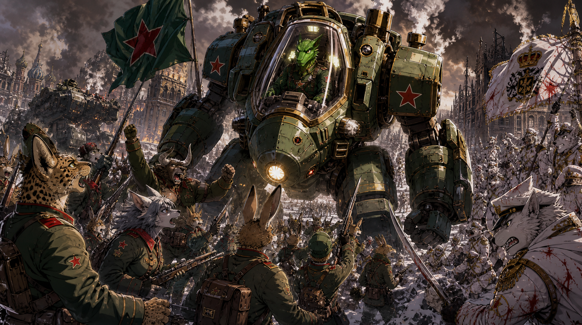 scenes, furry art, En la imagen de referencia 1 tienes la escena, en al imagen dos de referencia al mecha y en la imagen 3 de referencia al piloto dragón verde antropomórfico sin alas Velaruz, @velaruz-3mFk, júntalos y dame una imagen, es una escena 16:9, contexto: hay furros NPCS; entre servales, conejos, lobas, toros, alces, liebres, lagartijas, luchando en el campo de batalla, con los uniformes de color verde y rojo, contra el bando enemigo de furros uniformados completamente de blanco elegante manchados de gotas de tinta roja. El mecha ingresa a escena piloteado por Velaruz salvando a sus compañeros, Velaruz está en la cabina del mecha. El contexto: este es un universo dieselpunk del año 1925 y uno de los bandos es Rurssus, país con referencias a la Union soviética, su bandera es verde esmeralda con una estrella roja. En esta escena El Imperio de la Corona sagrada esta invadiendo un pueblo de Rurrsus, sus soldados están asustados y de pronto llega Velaruz y sus mecha gigante, llenando de esperanza y motivación a su compañía. agrega en el escenario mechas medianos destrozados a lo lejos. usa este prompt para el estilo de imagen: Maquinaria de guerra industrial de los años 1930. Drama bélico. Los soldados de Rursuss se sienten motivados con la llegada del mecha y se nota en sus rostro que acaban de escapar de la muerte, los soldados des del Imperio están con rostro confiado y otros desconcertado, al fondo hay mechas medianos destrozados, hay furros npcs combatiendo, Estilo anime key visual, pintura digital muy detallada, texturas de escamas suaves, pelaje brillante con reflejos fuertes, iluminación cinematográfica de borde, sombras dramáticas, fondo de ciudad en ruinas y con humo, iluminación bélica, vapor y chispa, invierno. 8k, ultra detallado, épico, composición cinematográfica, 16:9, [action-manga-style]