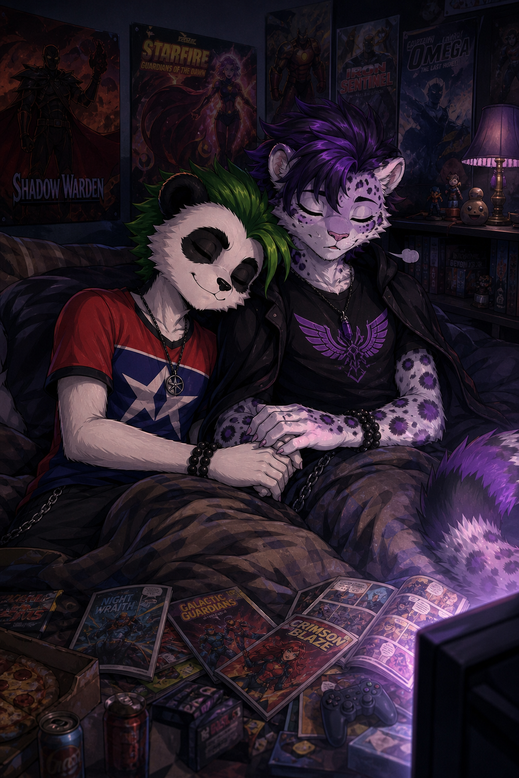 scene, furry art, slice of life anime 2D, momento feliz, recuerdo inolvidable. Dos jóvenes antropomórficos descansando tras maratón de cómics de héroes. Personaje 1: Beleth, rostro y cuerpo en referencia beleth tn. panda antropomórfico delgado, cabello verde en puntas, vistiendo una polera roja y azul con un símbolo geométrico estilizado en el pecho. Durmiendo con una ligera sonrisa, la cabeza apoyada en el hombro de Kirian, feliz de estar a su lado.
Personaje 2: Kirian, rostro y cuerpo en referencia kirian pulpin. leopardo blanco. con cabello púrpura metálico y manchas púrpuras, usando capa negra y una polera negra con un emblema de alas estilizadas. Durmiendo mientras sujeta suavemente la mano de Beleth, con un leve suspiro en el rostro. Revistas de cómics de superhéroes genéricos esparcidas sobre sus piernas. Posters de parodias de héroes con capas en las paredes del cuarto de Kirian. Pantalla de TV encendida iluminando suavemente el cuarto oscuro. Habitación acogedora y desordenada con mantas cubriéndolos. Texturas detalladas de pelaje, texturas detalladas de tela, iluminación suave y cálida de la TV, atmósfera nocturna acogedora, expresiones gentiles y llenas de cariño, momento inolvidable y tierno. Estilo anime key visual, pintura digital muy detallada, degradados suaves, cinematográfico.