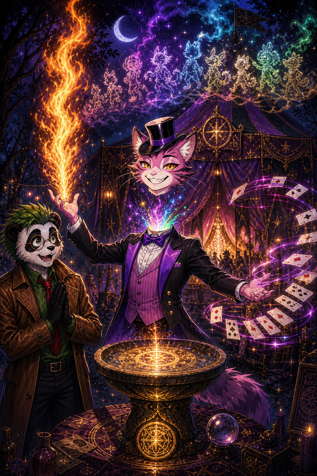 scenes, furry, Estilo anime 2D, arte detallado, iluminación mágica y oscura, atmósfera de circo ocultista. 8k, obra maestra, colores vibrantes en contraste con la noche. Escena: BOSQUE OSCURO A MEDIA NOCHE. Luna creciente entre ramas. Niebla mágica en el suelo. Al fondo una CARPA GRANDE DE OCULTISMO con cortinas moradas y negras, símbolos dorados brillando, luz cálida saliendo de dentro. Ambiente de feria misteriosa. Personajes: 1. **BELETH** - @beleth-e7wg, rostro en referencia 1, Panda antropomórfico delgado, pelaje blanco y negro. Cabello negro con MECHONES VERDES peinados ligeramente hacia arriba. Ojos verdes grandes BRILLANDO de emoción. Lentes redondos. Expresión SORPRENDIDA Y EMOCIONADA, sonrisa grande, manos juntas como aplaudiendo. Se nota que le ENCANTA lo que ve. Lleva su abrigo marrón largo, camisa verde, corbata roja, pantalón negro y zapatillas verde/morado. 2. **CIARAN** - @ciaran, Gato antropomórfico elegante. Pelaje rosa con rayas moradas. Ojos amarillos brillantes, sonrisa pícara y teatral. Traje formal de gala negro con chaleco morado a rayas, pajarita morada, sombrero de copa negro con banda morada. Cola peluda rosa y morada moviéndose. ACCIÓN MÁGICA:
- El cuerpo de Ciaran esta de pie
- La CABEZA DE CIARAN flota JUSTO ENCIMA DE LA FUENTE, casi tocándola. La MESA RITUAL tiene una FUENTE DE PIEDRA con SÍMBOLOS ESOTÉRICOS DORADOS que giran y brillan.
- MANO DERECHA del cuerpo de Ciaran: Lanza una columna de FUEGO hacia el cielo.
- MANO IZQUIERDA: Un abanico de NAIPE giran a gran velocidad alrededor de la mano y brazo, dejando estelas de luz.
- De su CUELLO cortado salen CHISPORROTEOS y LUCES DE COLORES de todo tipo: azul, verde, dorado, rosa.
- Humo de colores se eleva y en el aire dibuja con brillos la FORMA DE UN DESFILE DE FURRITOS pequeños marchando. Iluminación: Luz principal viene de la fuente, el fuego y las chispas. Ilumina la cara emocionada de Beleth y la sonrisa de Ciaran. Bosque oscuro de fondo. Atmósfera: Asombro, diversión mágica, misterioso, espectáculo raro, emocionante, ocultismo elegante, noche de circo. Palabras clave: anime 2d, anthro panda, anthro cat, magic show, excited expression, floating head over fountain, esoteric symbols, fire magic, playing cards spinning, colorful sparks, smoke parade, occult tent, dark forest, midnight, emotional