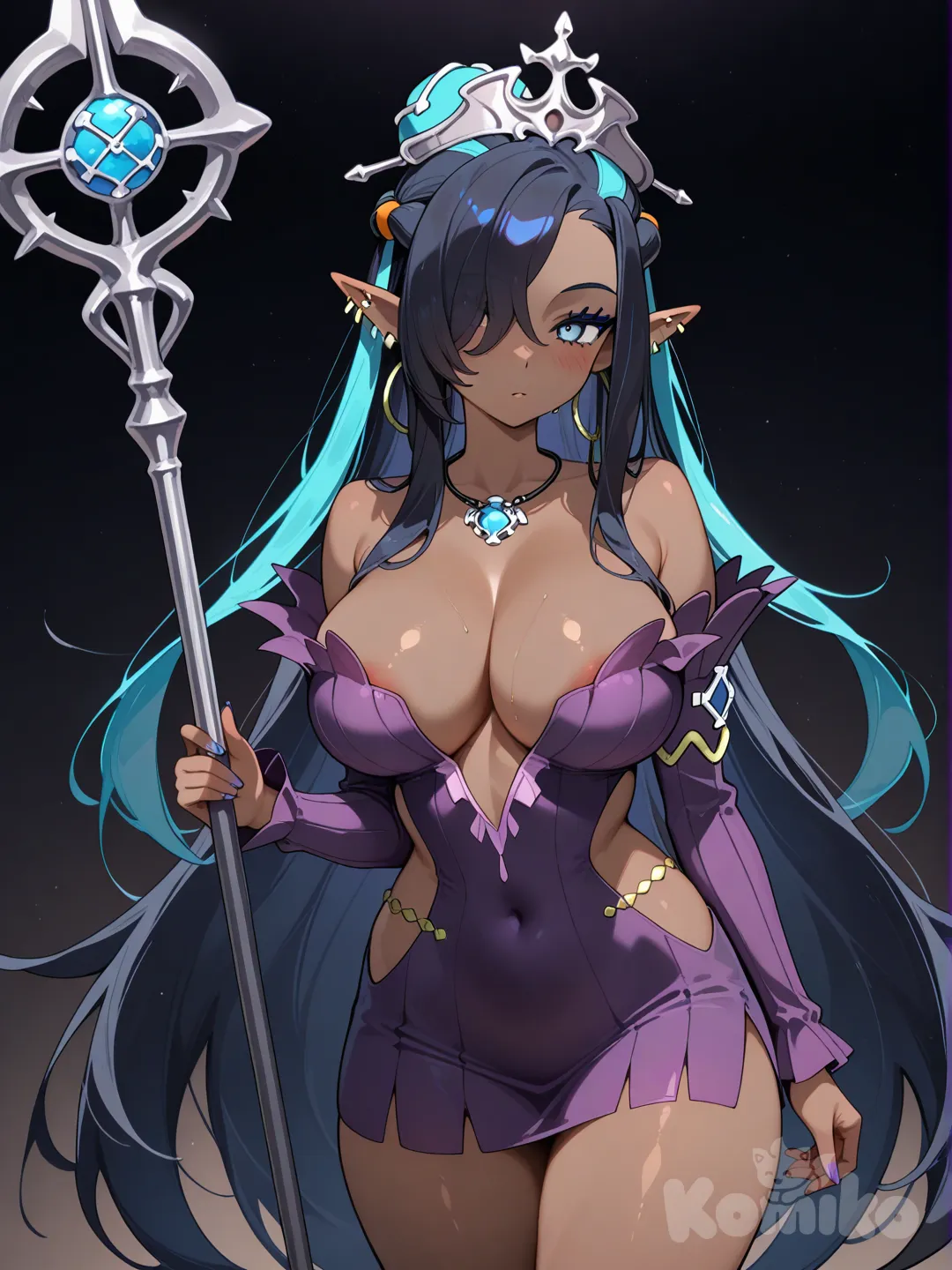 combine @Nessa_(Pokemon) and Olga Discordia, elf ears, dark elf, purple dress, holding staff, mage staff, two-tone hair