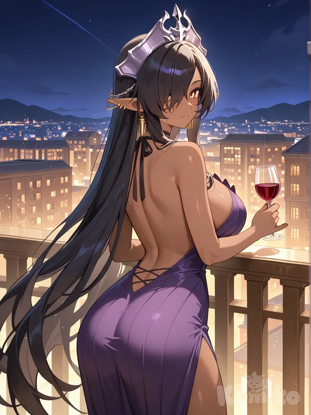 Olga discordia, low-backed dress, party, wine glass, gold earrings, balcony, looking at viewer