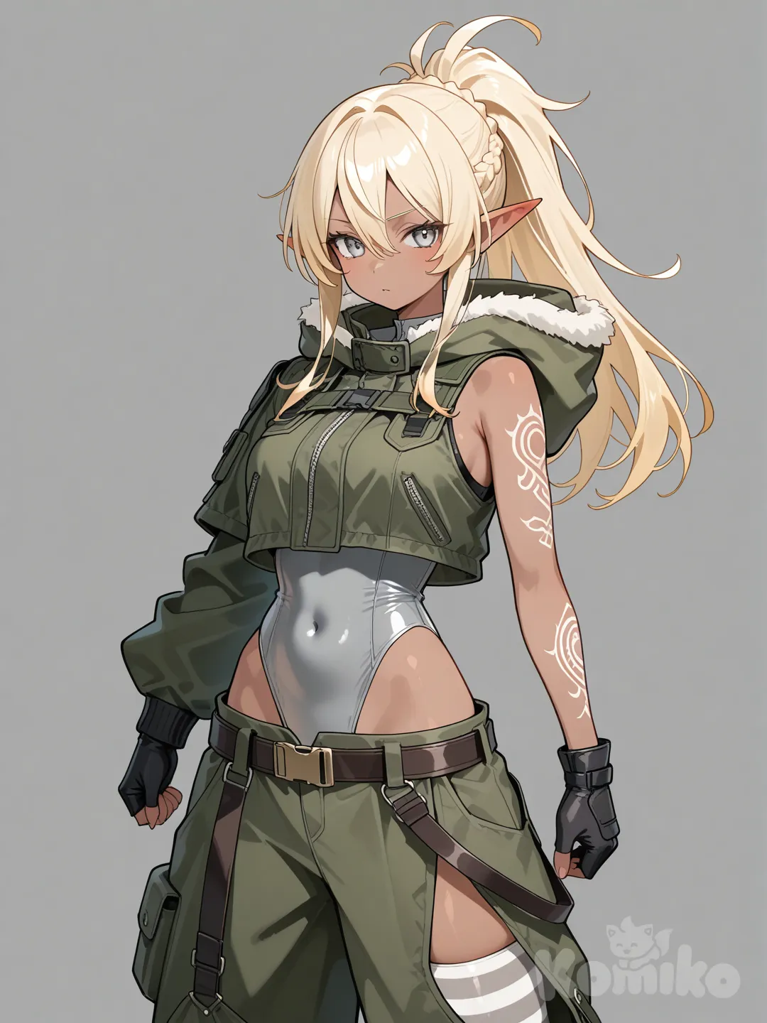 1girl dark elf with dark moka skin, blonde hair in a braided ponytail, jacket, sleeveless leotard under clothes, white arm tattoo to finger tips, cropped jacket, grey gloves, striped thigh-highs, military jacket, fur trim hood, baggy pants, quarter sleeve on left arm, hood down