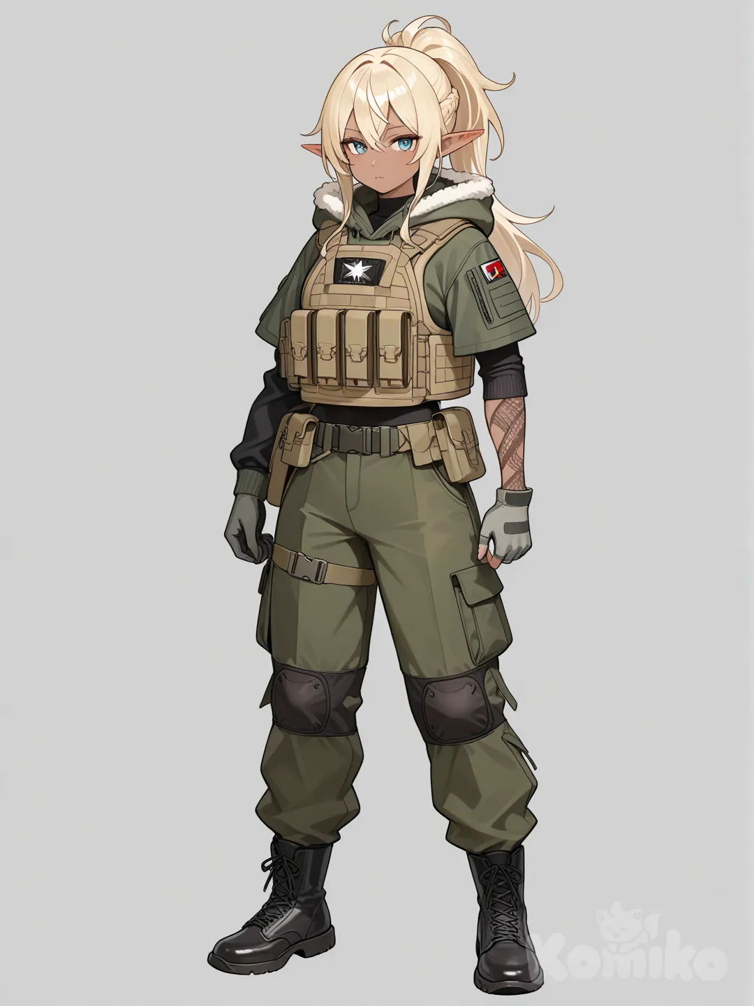 1girl dark elf with dark moka skin, blonde hair in a braided ponytail, jacket, white arm tattoo to finger tips, cropped jacket, grey gloves, military jacket, fur trim hood, quarter sleeve on left arm, hood down, full body, cargo pants, modern military gear, load bearing vest