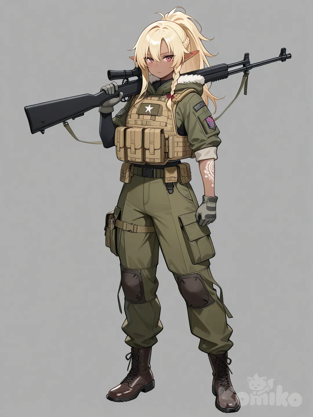 1girl dark elf with dark moka skin, blonde hair in a braided ponytail, jacket, white arm tattoo to finger tips, cropped jacket, grey gloves, military jacket, fur trim hood, quarter sleeve on left arm, hood down, full body, cargo pants, modern military gear, load bearing vest, Tavor rifle over shoulder