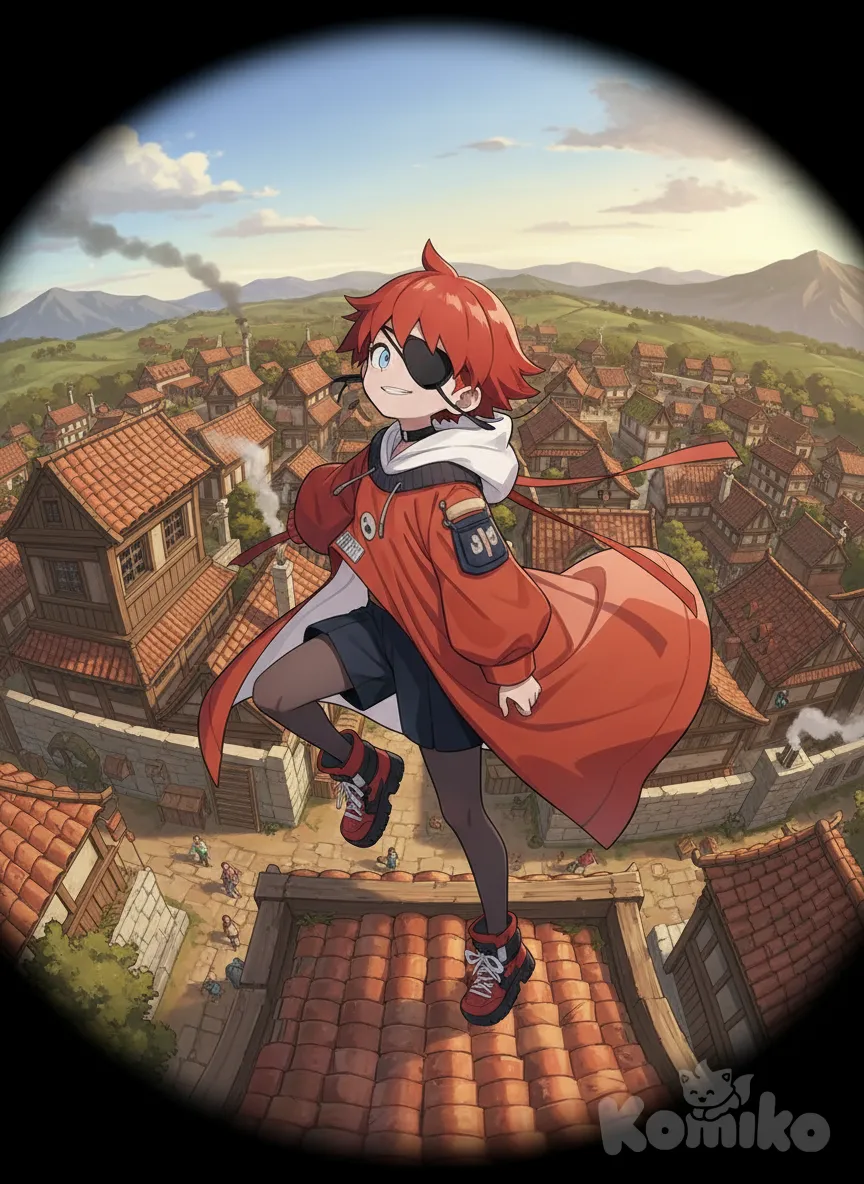 <mimiko-52Vn>, head tilt, smirk, upper body, village, jumping from rooftop, looking away, panoramic lens, anime style