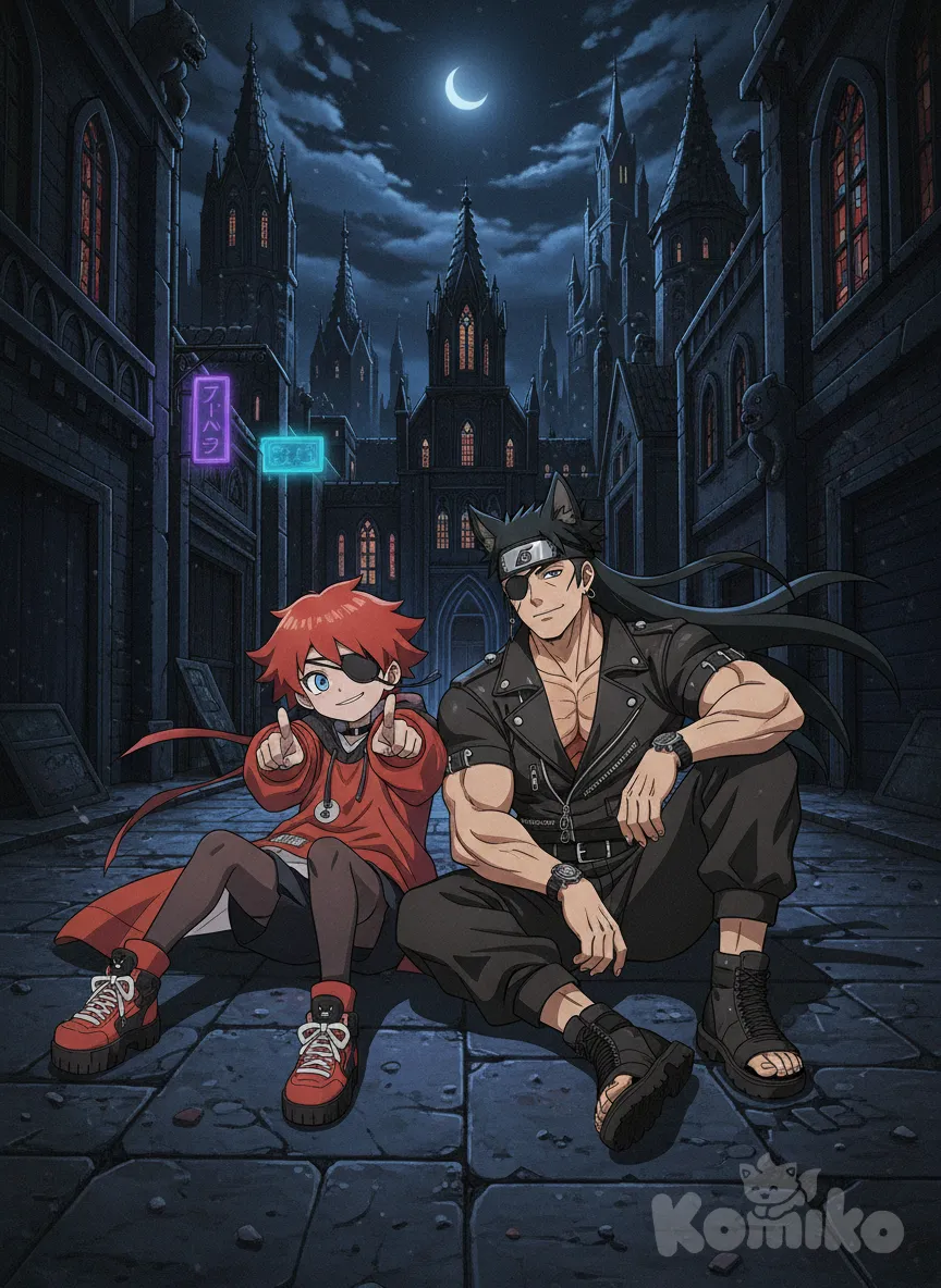 <mimiko-52Vn>, <dvar-Qmlx>, anime screencap, retro style, gothic, sitting on the ground, pointing at viewer, smirk, full body, cinematic lighting, cityscape