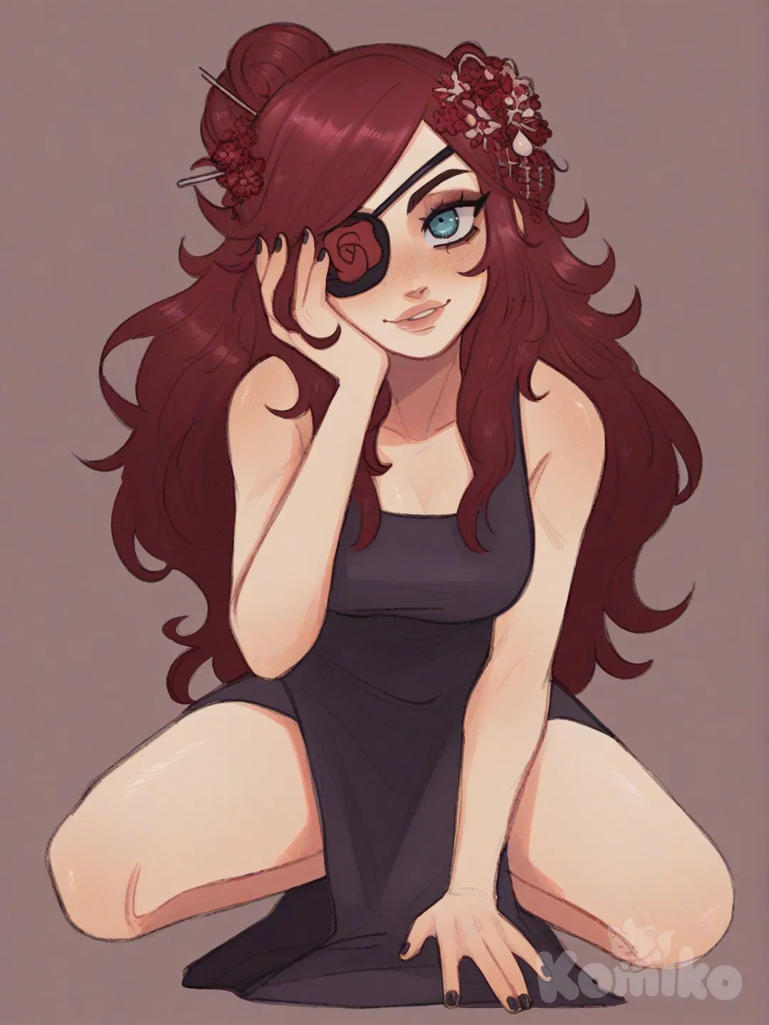 [soft-shaded-moe-style] 1girl, naruto style, mature female, petite, scrawny, red hair, long hair, blue eyes, fair skin, left eyepatch, japanese hair ornament, single character, full body, looking at viewer, simple background, white background