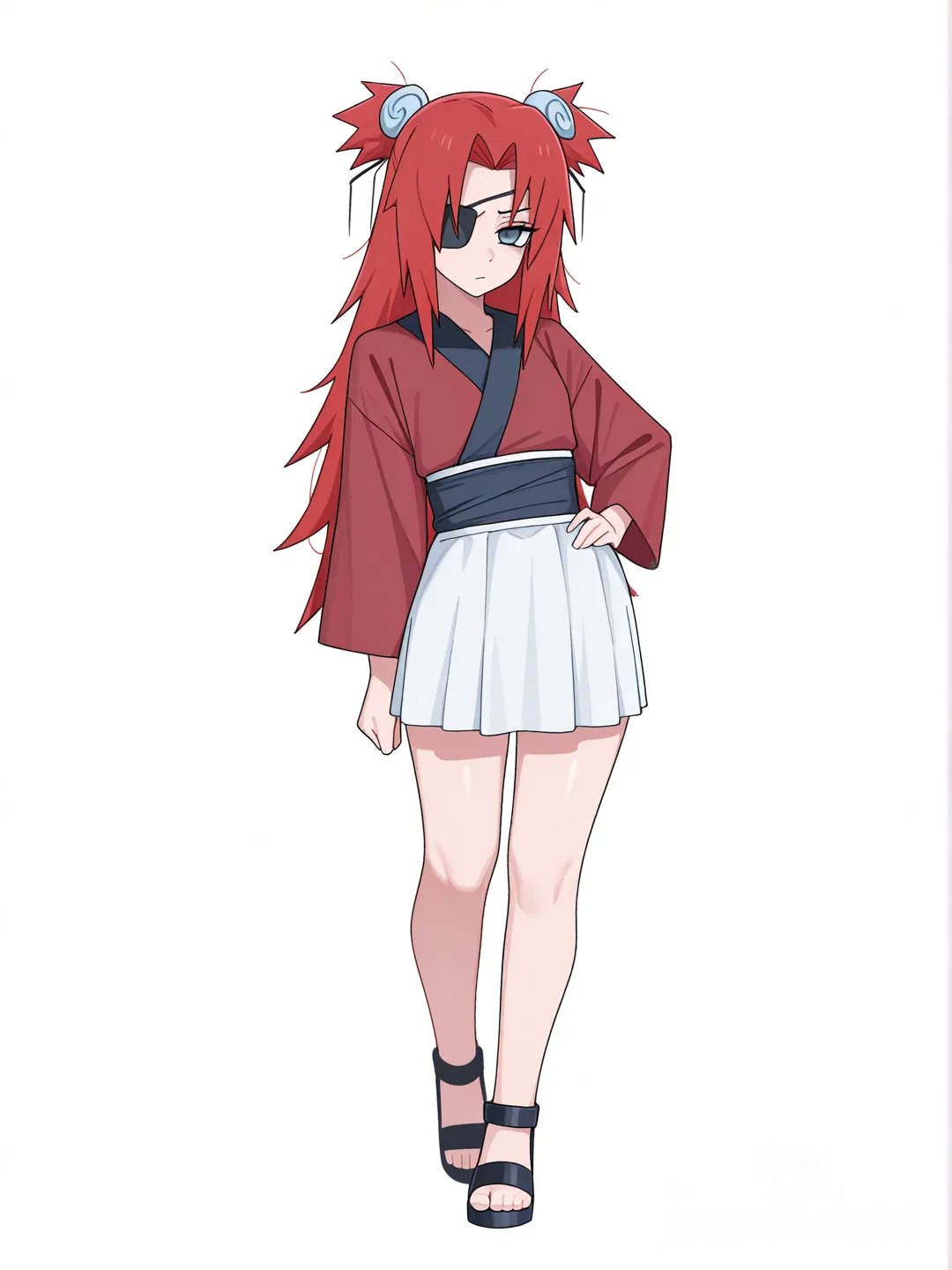 [toon-shaded-style] 1girl, naruto style, mature female, petite, scrawny, red hair, long hair, blue eyes, fair skin, left eyepatch, japanese hair ornament, single character, full body, looking at viewer, simple background, white background