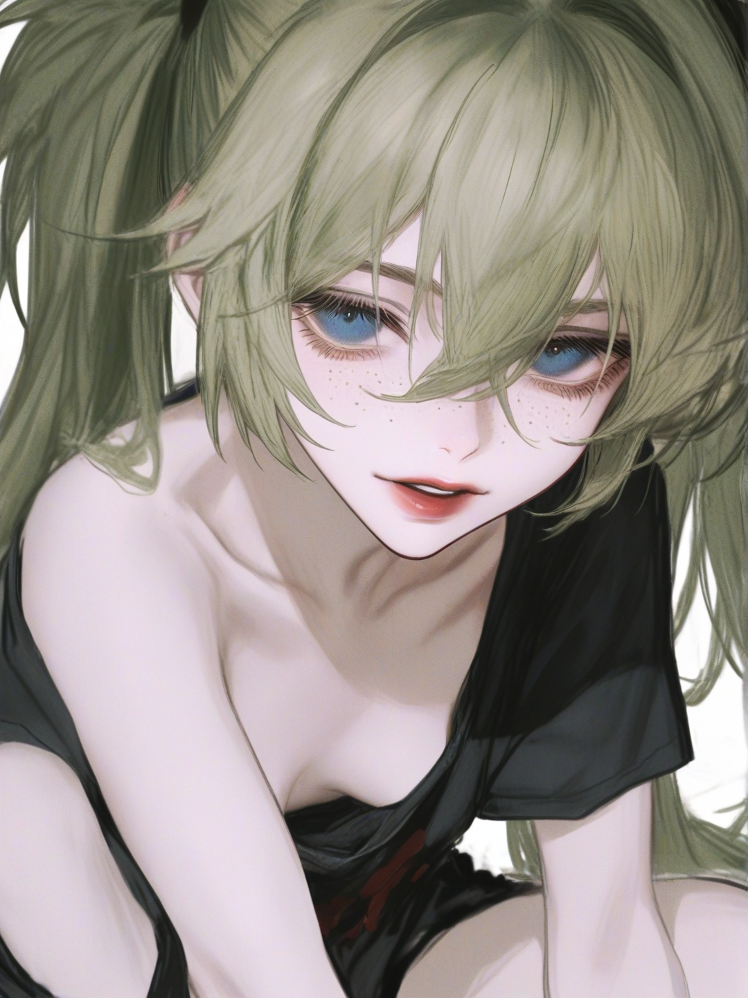 [semi-realistic-portrait-style] 1girl, evangelion style, original character, petite, green_hair, twintails, blue_eyes, freckles, pale skin, single character, full body, looking at viewer, simple background, white background