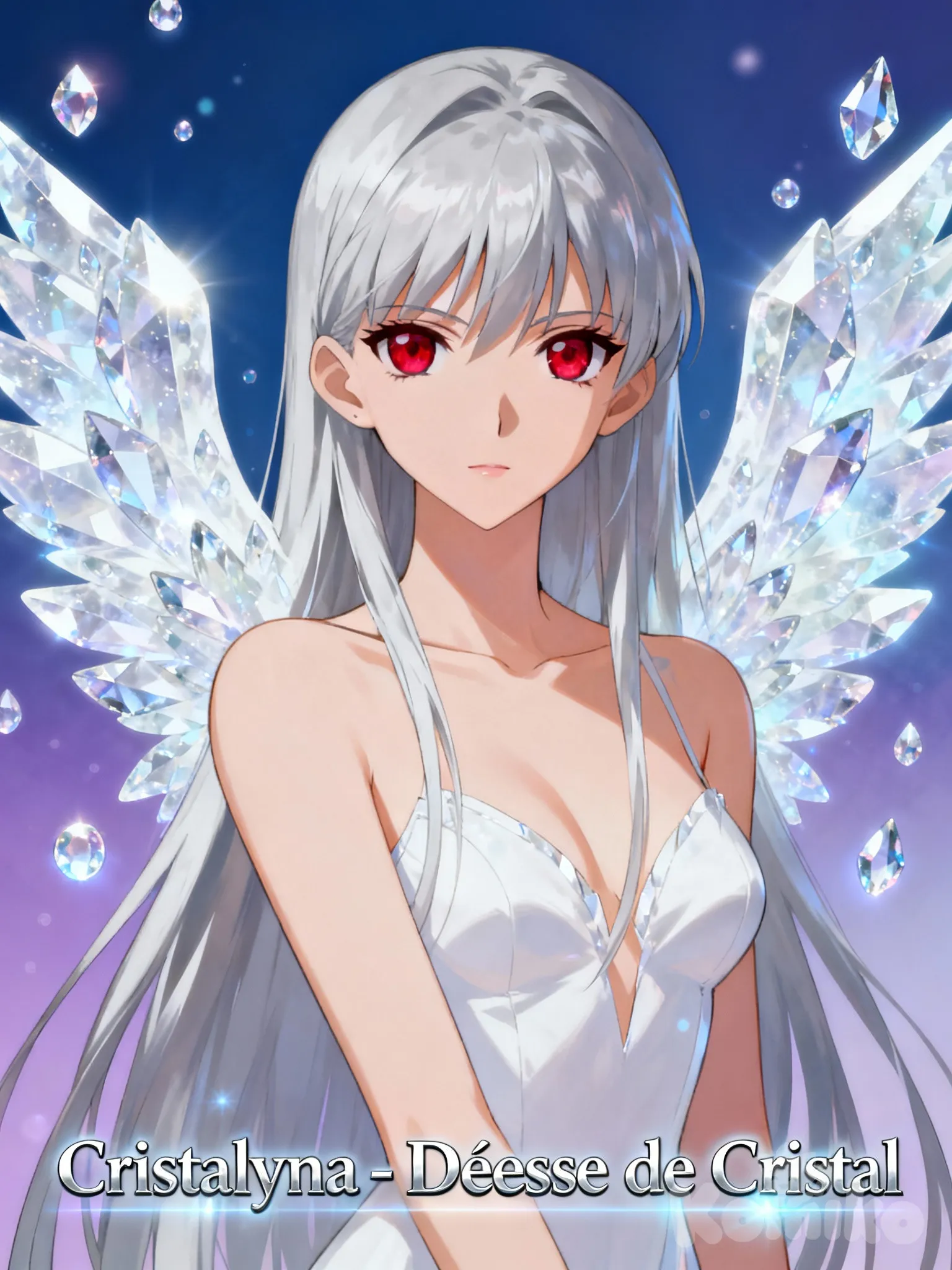 Fille de yu-gi-ho 5DS , sexy au cheveux argenté et au yeux rouge , Mes lui des aile de cristal blanc fait de cristal flottant dans son dos , et des yeux rouge ruby , fait en une carte du nom de "cristalyna-déesse de cristal" une carte lien 5 yu-gi-ho