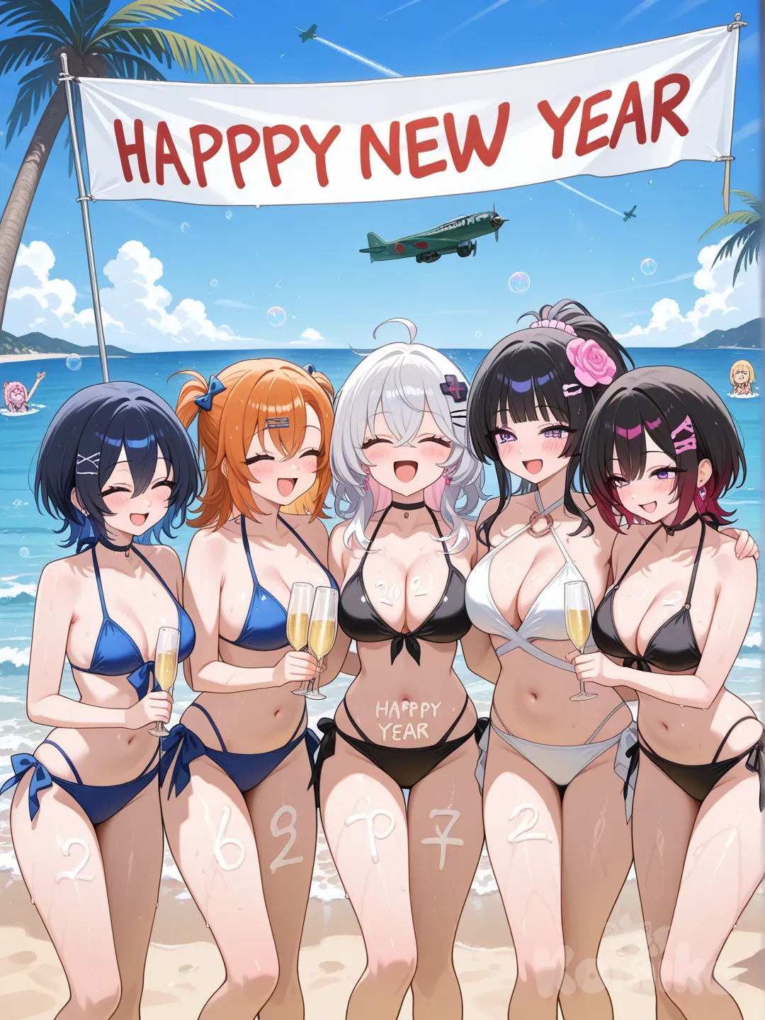 Des fille a la plage en mayo de bain qui qui boive du champagne entre ami avec écrit dans le ciel "bonne année 2026"