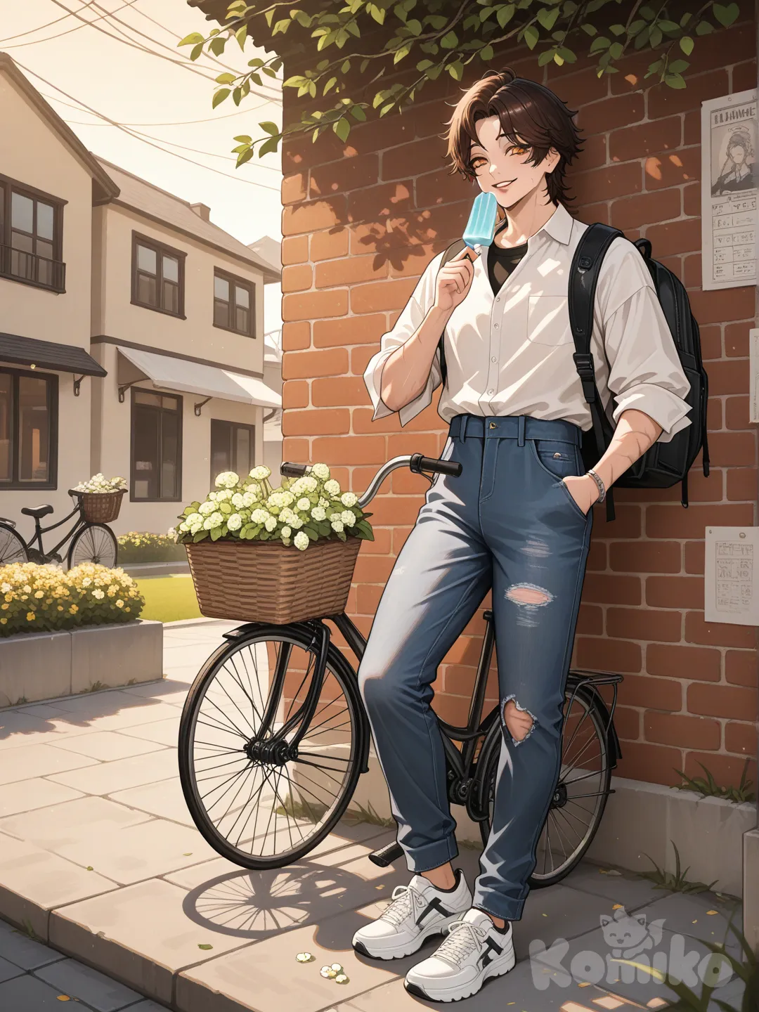 A hyper-photorealistic 8K cinematic render of a tall, striking 18-year-old campus boy with a lean yet athletic build (6’3” height) and broad shoulders, sporting messy sun-kissed chestnut brown hair with subtle honey highlights that falls in soft waves over his forehead, framing a sharp, angular face with high cheekbones, a defined jawline dusted with a faint, well-groomed stubble, and full, slightly parted lips with a natural rose-pink hue—his eyes are a deep, piercing amber with long, dark lashes, crinkled at the corners with a lazy, confident smile that reveals a faint dimple on his left cheek. He’s dressed in a tailored off-white linen button-down shirt rolled up to his elbows (revealing a thin silver chain bracelet on his right wrist and a tiny scar from a childhood soccer injury), left unbuttoned at the collar to show a hint of a black cotton undershirt, paired with high-waisted dark wash straight-leg jeans that fit snugly at the hips and taper slightly at the ankles, tucked into scuffed white leather sneakers with subtle navy blue accents and a worn-in sole. A black canvas backpack slung over one shoulder is slung loosely, its strap frayed at the edge, stuffed with a half-open chemistry textbook, a crumpled notebook with doodles in the margins, a stainless steel water bottle, and a pack of mint gum peeking out the top. He leans casually against a weathered brick wall on a sunlit campus quad, one foot propped against the wall, the other grounded on the lush green grass dotted with dandelions and clover—behind him, a row of ancient oak trees casts dappled golden sunlight over the scene, their branches swaying gently in a warm breeze, while distant red-brick campus buildings with white columns and gabled roofs line the horizon, students laughing and chatting as they walk past with books in hand, a group playing frisbee on the lawn, and a vintage bicycle propped against a nearby bench with a wicker basket filled with wildflowers. The boy holds a half-eaten strawberry popsicle in his left hand, a faint smudge of pink on his thumb, and his right hand is tucked into the pocket of his jeans, fingers brushing the edge of a crumpled concert ticket. Sunlight catches the subtle sheen of his moisturized skin, the individual strands of his hair, and the tiny specks of dust floating in the air—every detail is rendered with microscopic precision: the way his shirt clings softly to his torso from a light sweat, the faint creases in his jeans from movement, the scuffs on his sneakers, the texture of the brick wall with its chipped paint and mossy crevices, the green veins visible on the back of his hands, the slight flush on his cheeks from the sun, the reflection of the sky in his amber eyes, the softness of his hair’s waves, and the melting popsicle’s sticky residue on his fingers. Cinematic golden-hour lighting, warm earthy color palette, shallow depth of field, hyper-realistic skin texture with subtle pores and sun-kissed undertones, photorealistic fabric folds (linen’s crispness, denim’s rigidity), natural hair movement, atmospheric haze, hyperdetailed background elements (students’ varied outfits, tree bark texture, textbook pages’ print), trending on ArtStation, Unreal Engine 5 render, Octane Render, ray tracing for sunlight reflections, confident yet approachable posture, effortless cool vibe, immersive campus ambiance.