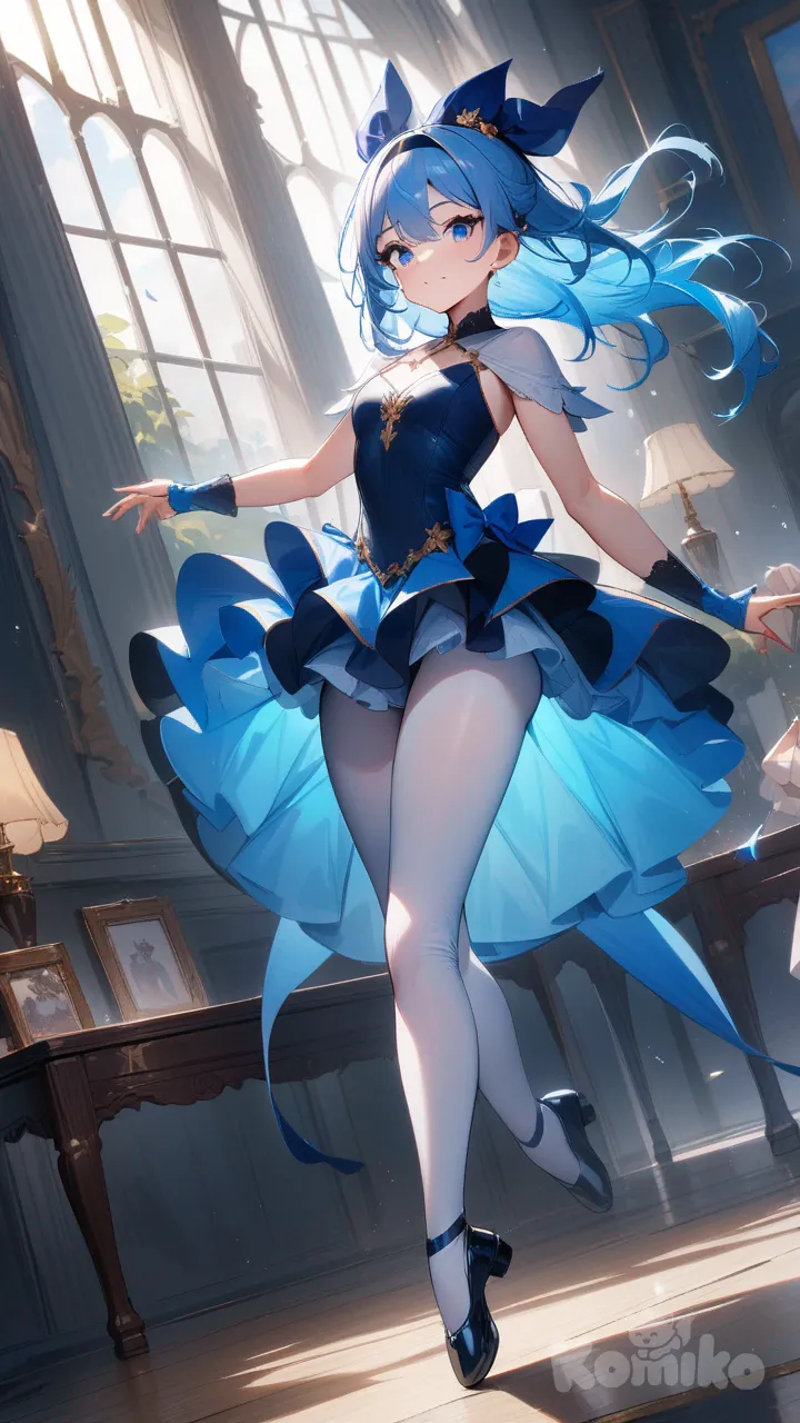 Chica cabello azul, traje de ballet, diadema, cuerpo completo