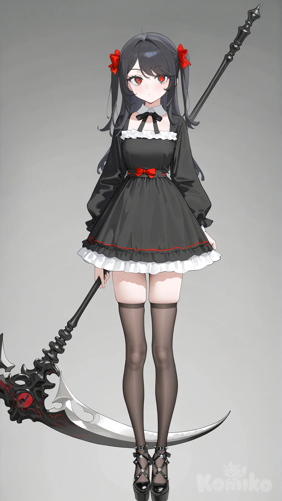 Chica, vestido negro corto de olanes, cabello negro corto, ojos rojos, moño grande en la cabeza, sujetando una guadaña, cuerpo completo, mallas negras