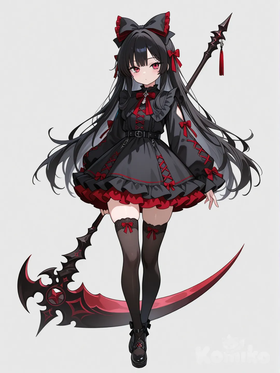 Chica, vestido negro corto de olanes, cabello negro corto, ojos rojos, moño grande en la cabeza, sujetando una guadaña, cuerpo completo, mallas negras