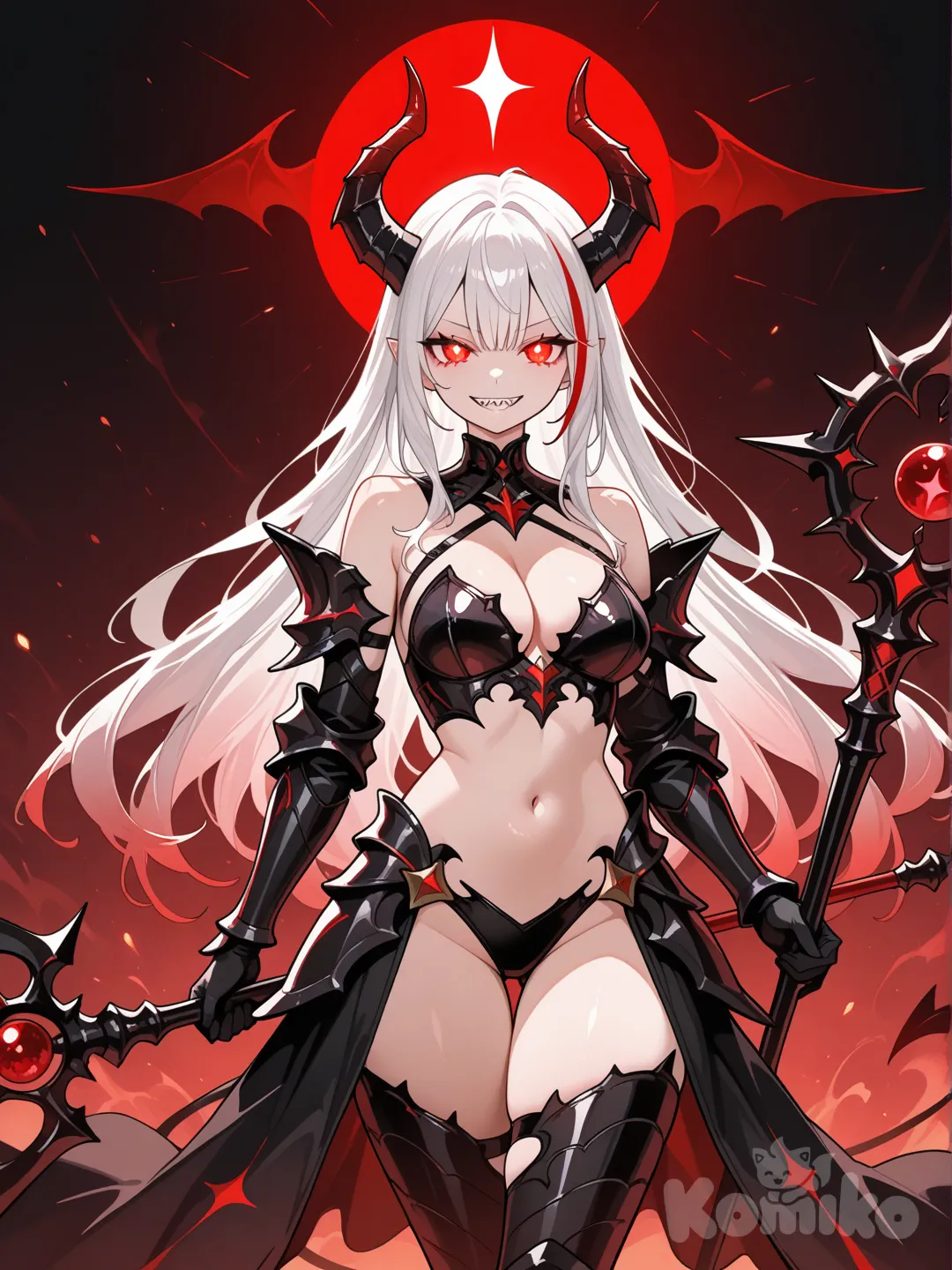Chica, cuernos grandes de demonio, cabello blanco con rojo, ojos rojos, armadura negra con rojo que se vean partes de su cuerpo, con un cetro magico